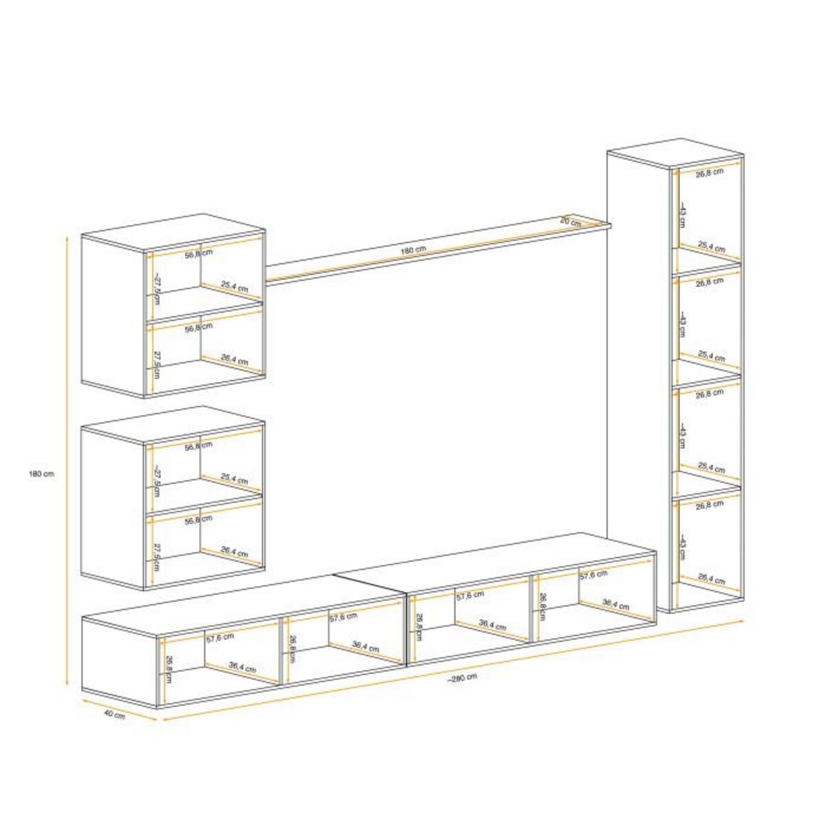Paris Prix Meuble TV Mural Design  Switch VIII  280cm Naturel & Blanc