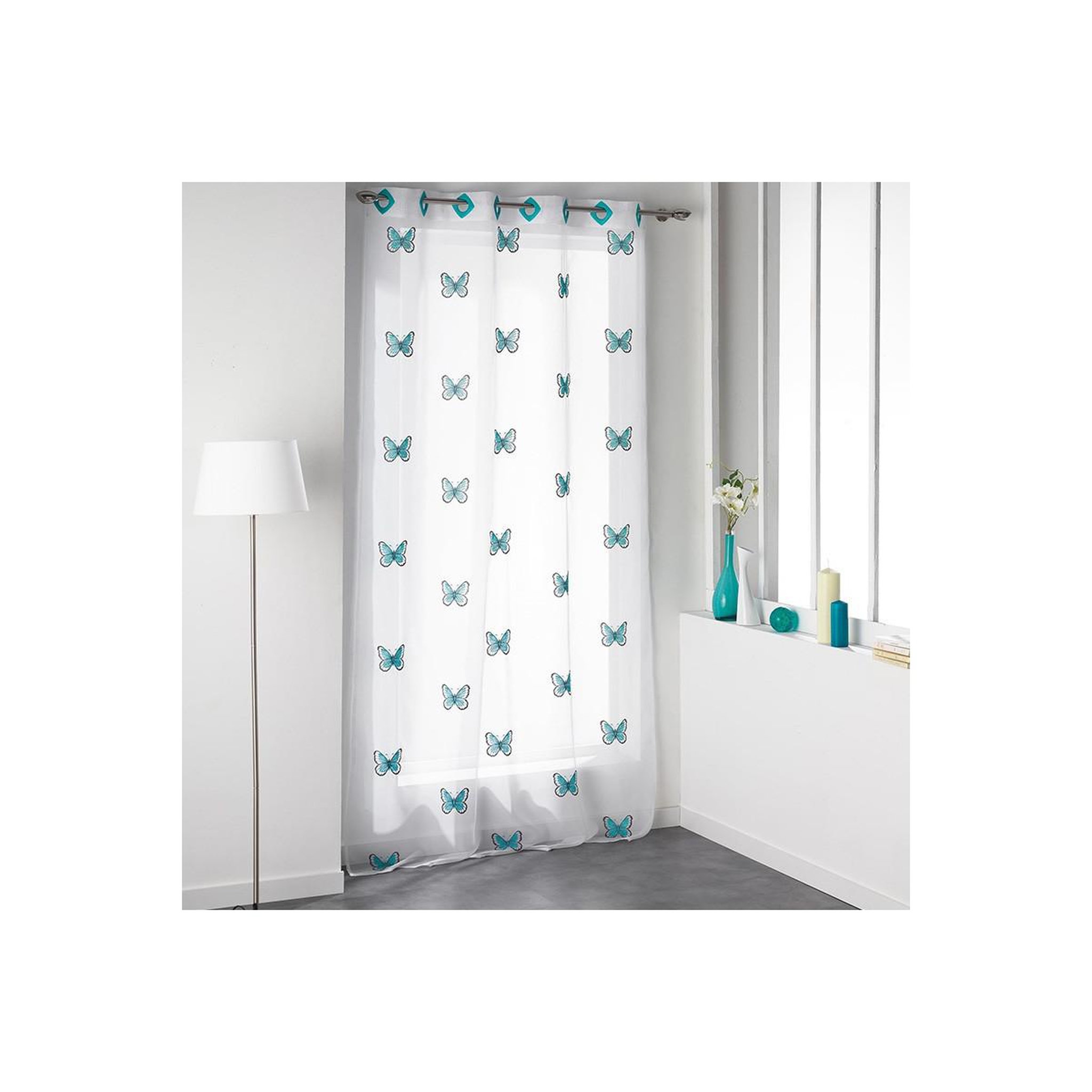 Douceur d'Intérieur Rideau voilage brodé  papilu  140x240cm bleu