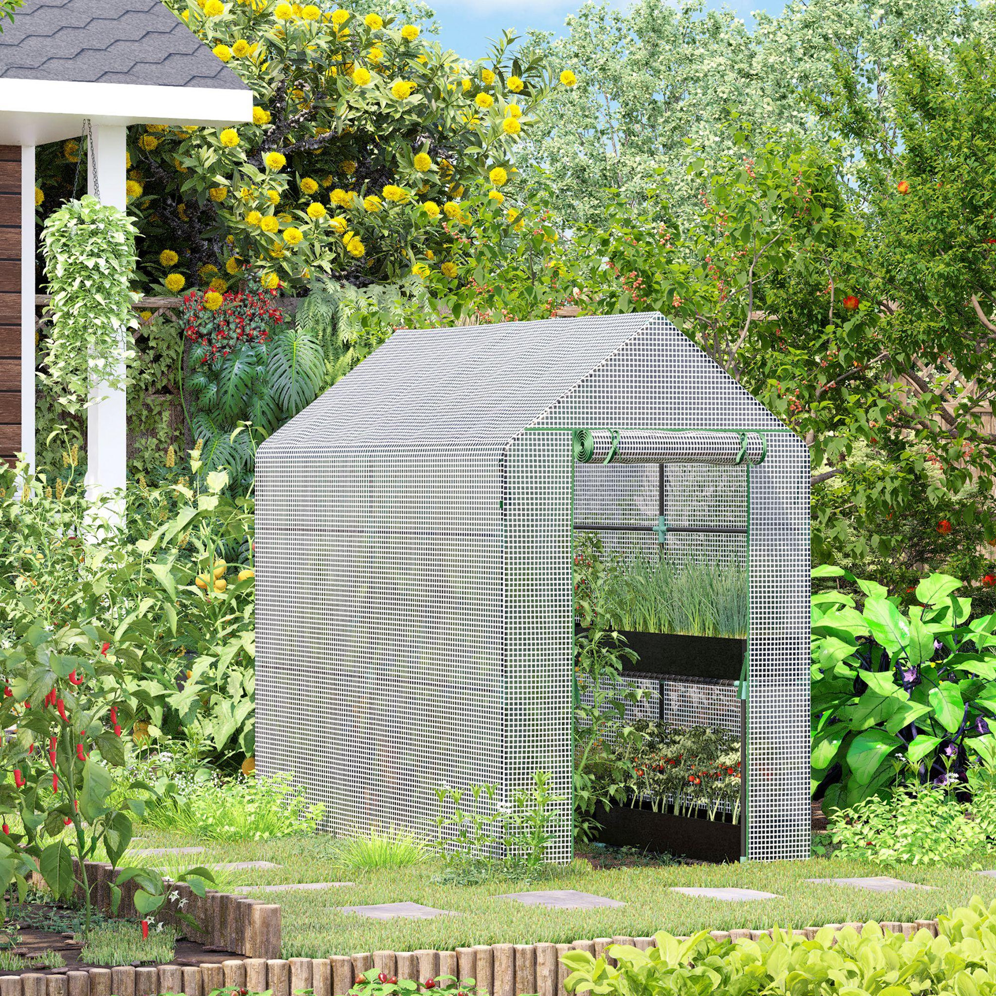 Voir la diapositive 2 : OUTSUNNY Serre de jardin 2 tablettes dim. 1,86l x 1,2l x 1,9h m porte déroulante acier pe haute densité 140 g/m² transparent blanc