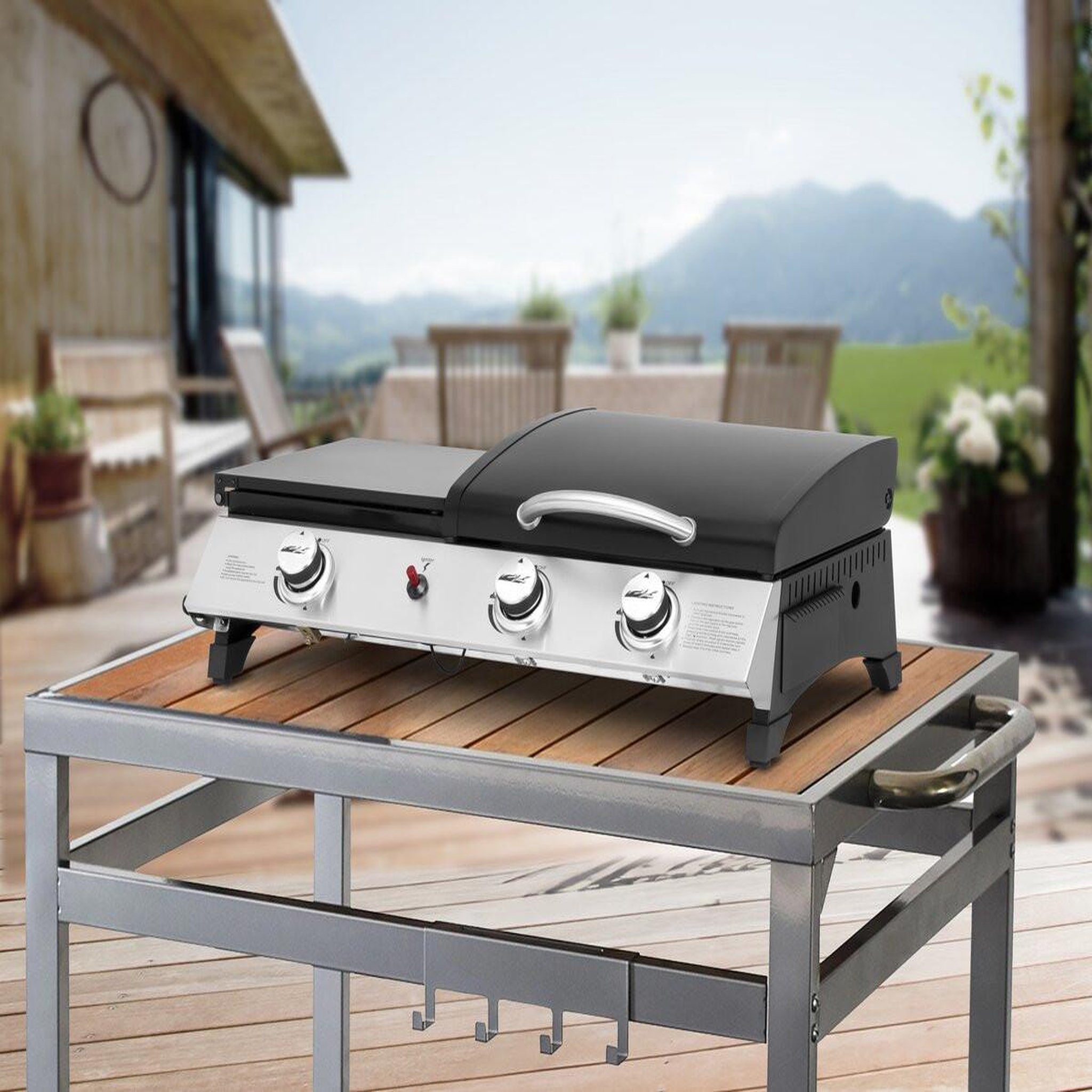 Voir la diapositive 2 : Habitat et Jardin Plancha gaz avec couvercle  rasio  - 7.5 kw - 3 brûleurs - noir