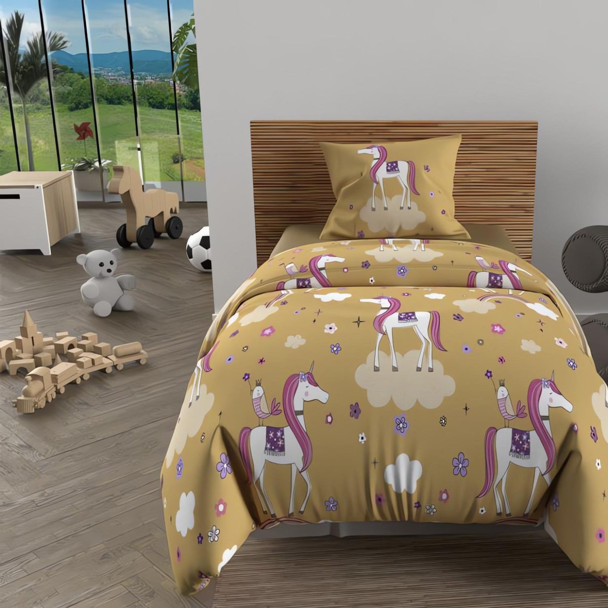 SOLEIL D'OCRE Ensemble couette et parure 5 Pièces LICORNES jaune pour lit en 90x190 cm, par Soleil d'ocre