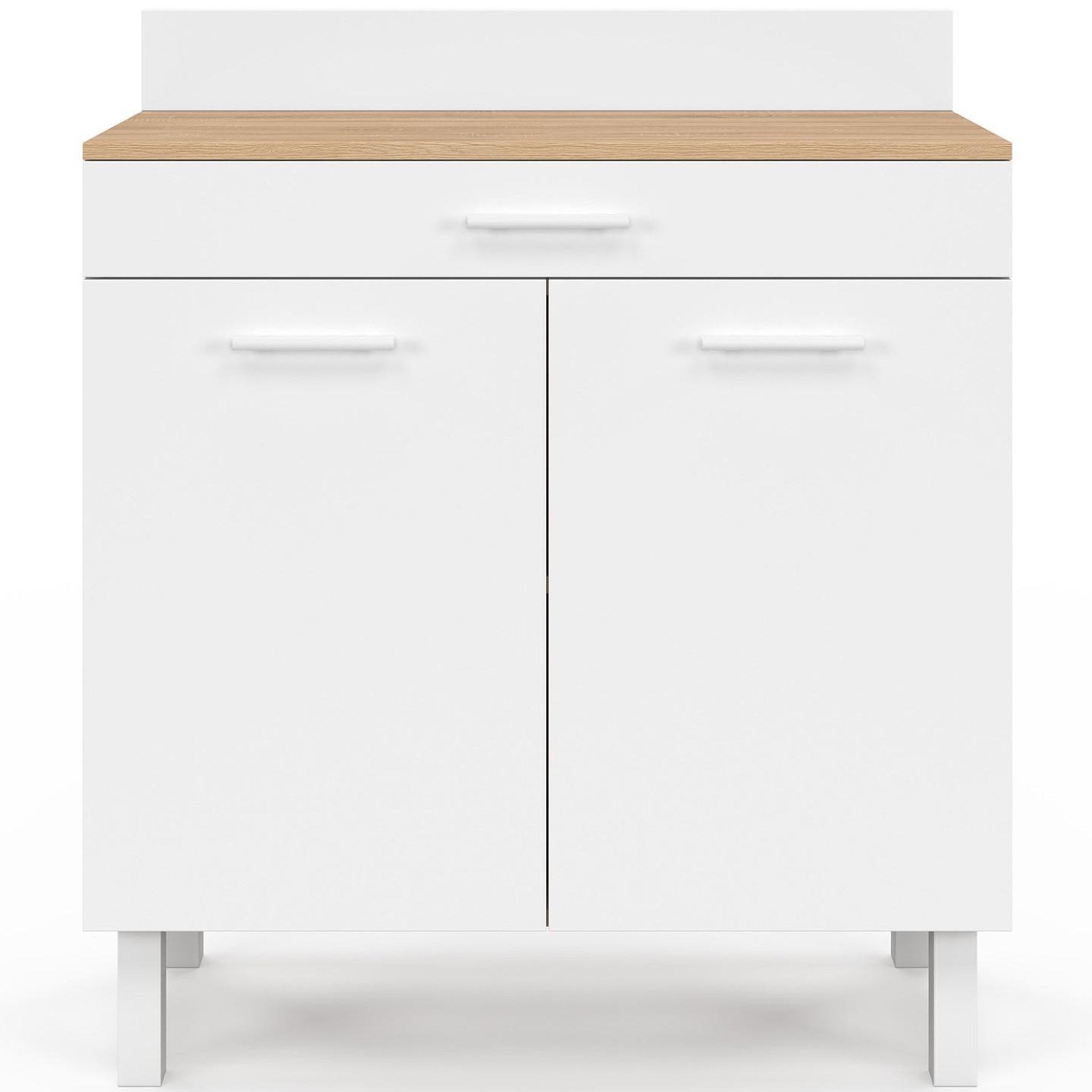 Voir la diapositive 3 : ID MARKET Buffet bas de cuisine 80 cm cina plan de travail h.83 cm 2 portes + tiroir façon hêtre et blanc