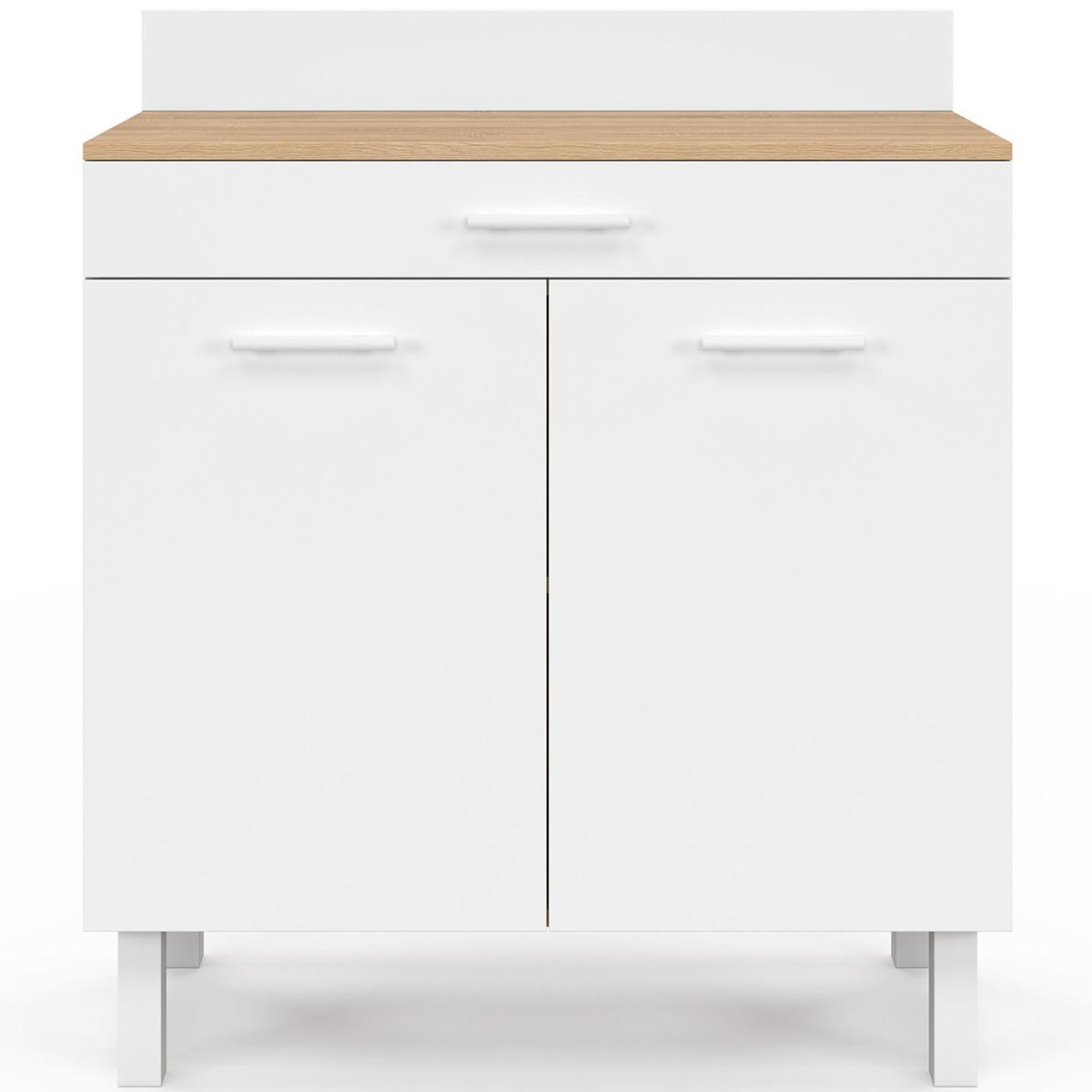 ID MARKET Buffet bas de cuisine 80 cm CINA plan de travail H.83 cm 2 portes + tiroir façon hêtre et blanc