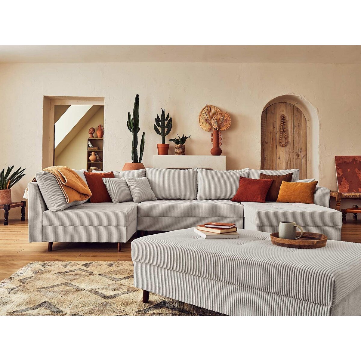 LISA DESIGN Rune - canapé panoramique d'angle gauche - 7 places - avec pouf d'appoint - en velours côtelé