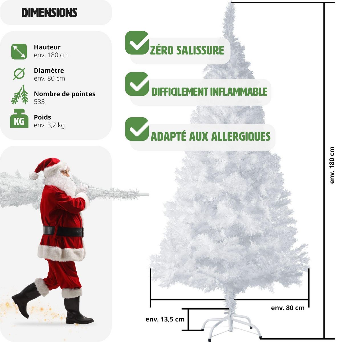 tectake Sapin de Noël artificiel 150 cm blanc blanc