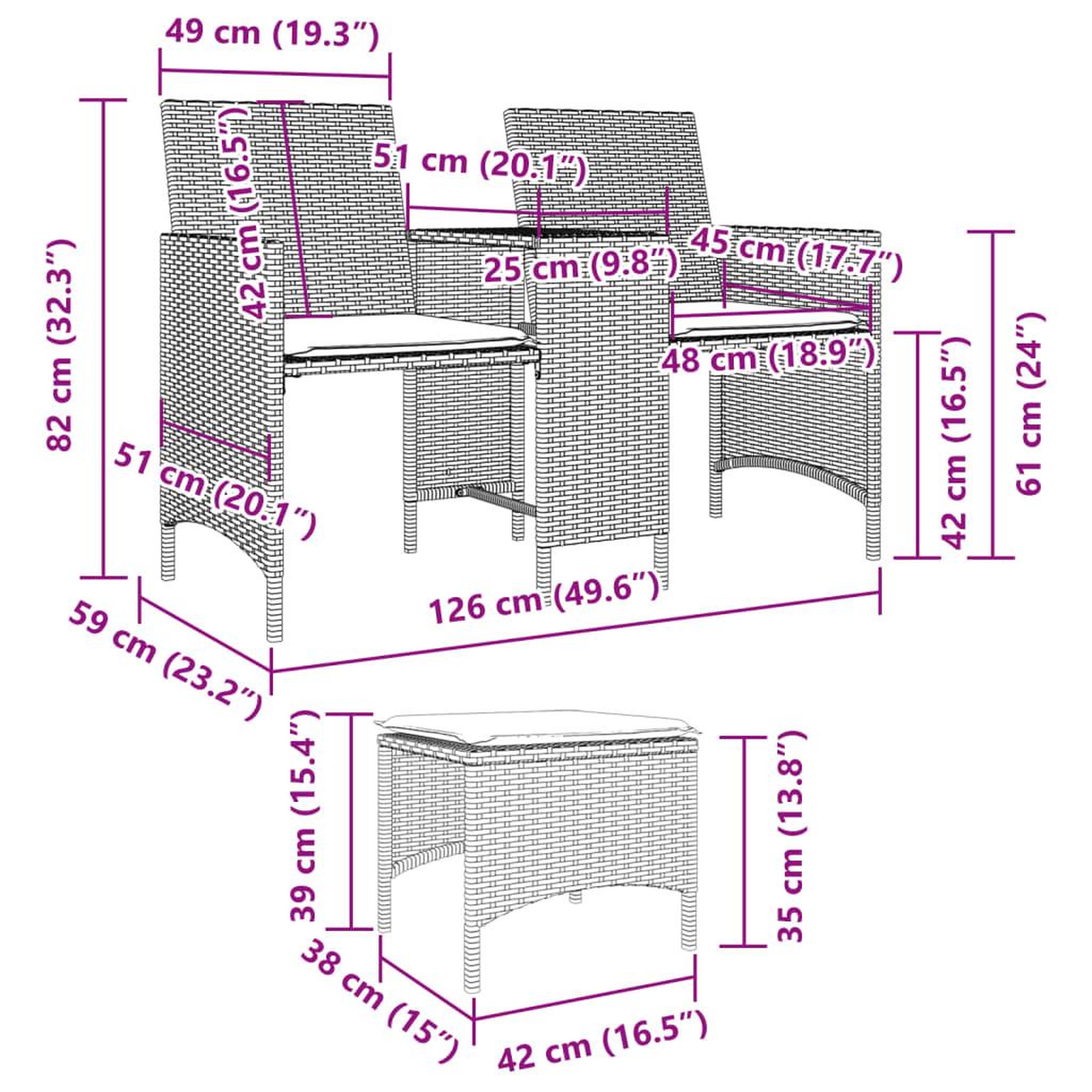 Voir la diapositive 6 : VIDAXL Canape de jardin 2 places avec table et tabourets marron rotin