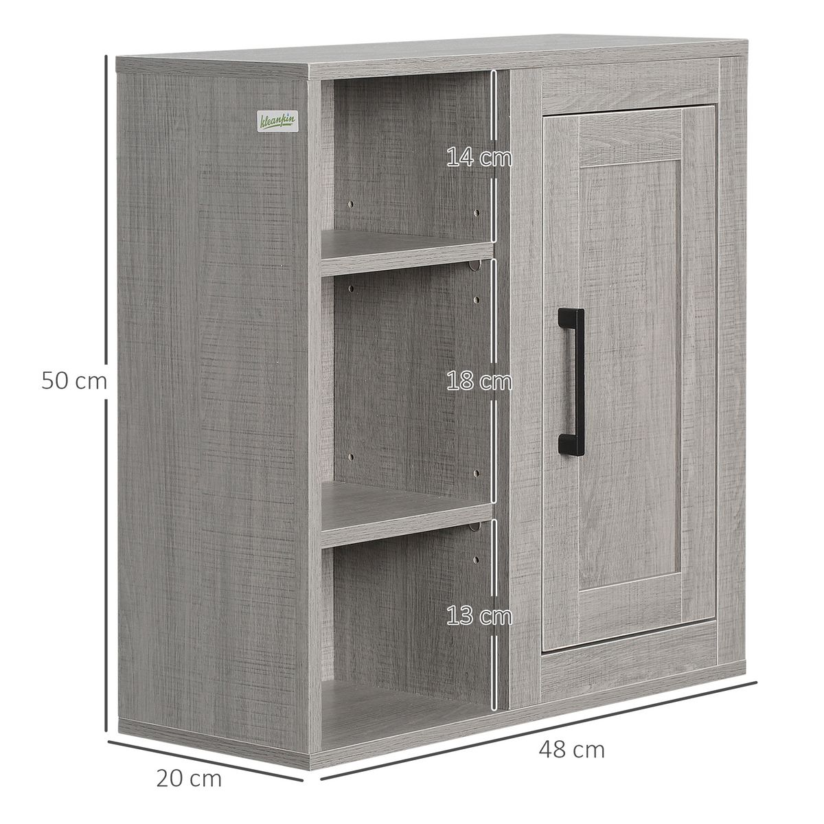 KLEANKIN Armoire haute murale de salle de bain ou WC placard 1 porte 3 niches dim. 48L x 20l x 50H cm panneaux particules gris