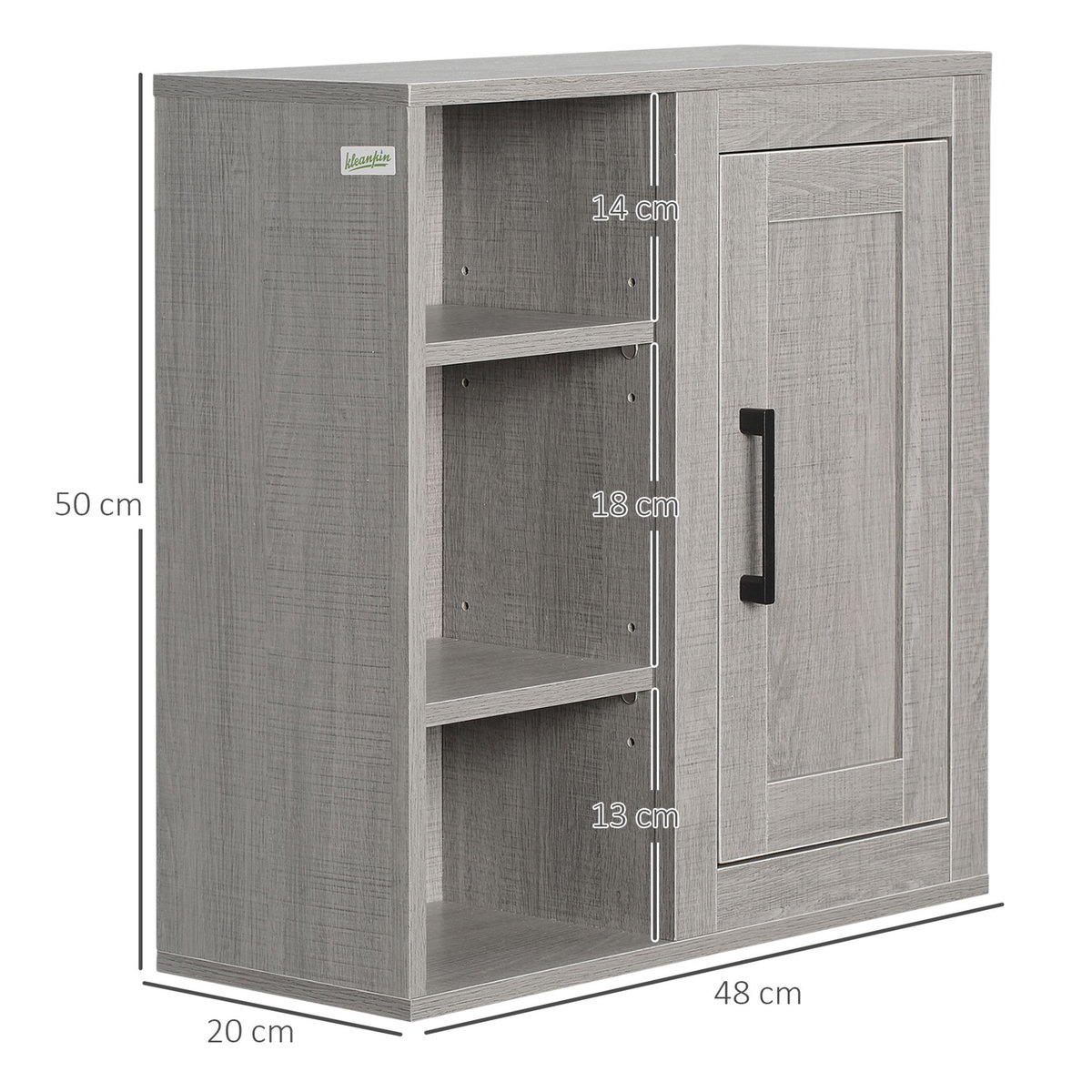 KLEANKIN Armoire haute murale de salle de bain ou WC placard 1 porte 3 niches dim. 48L x 20l x 50H cm panneaux particules gris