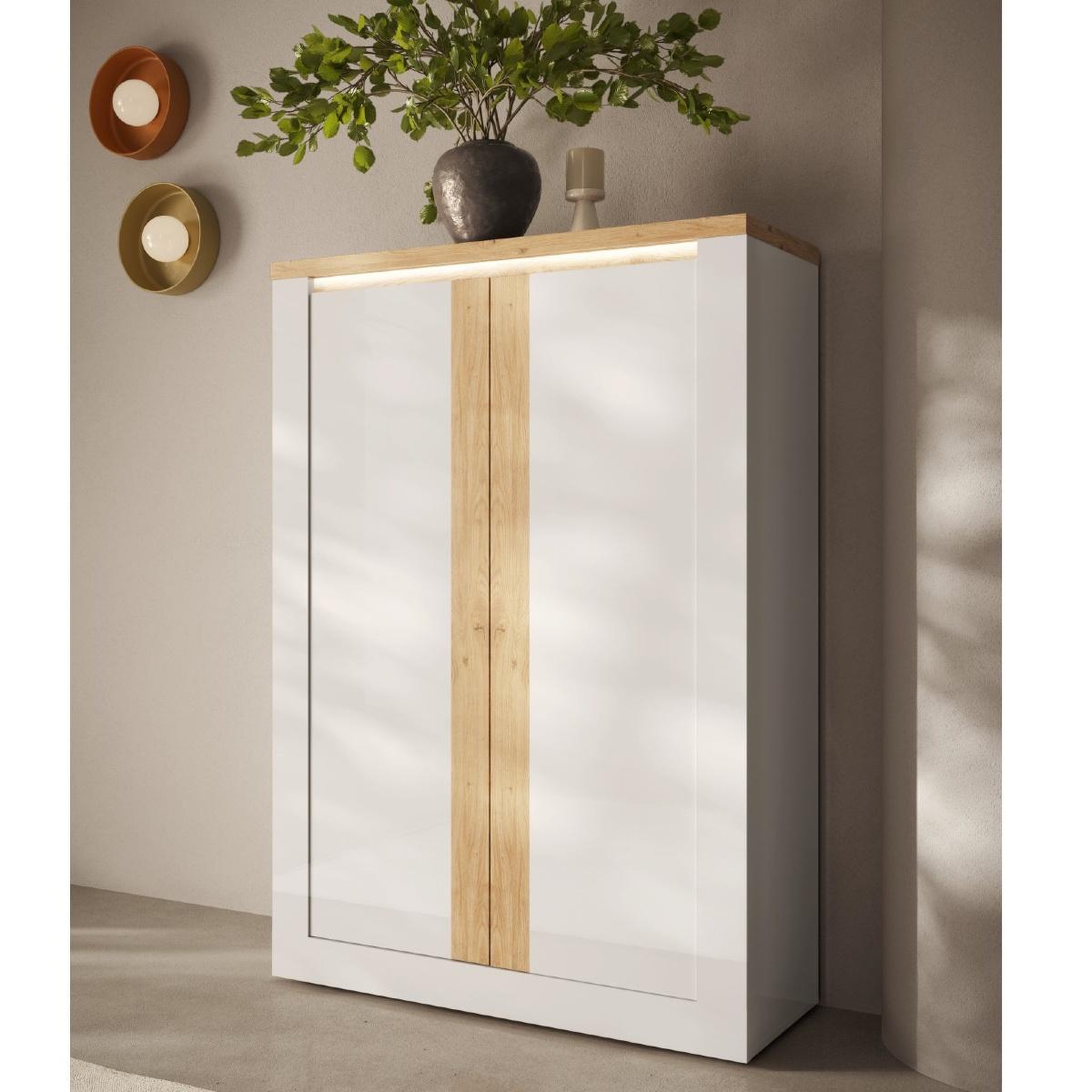 Voir la diapositive 5 : JLC KREATION Argentier-bar moderne laqué blanc et bois + led ARIA