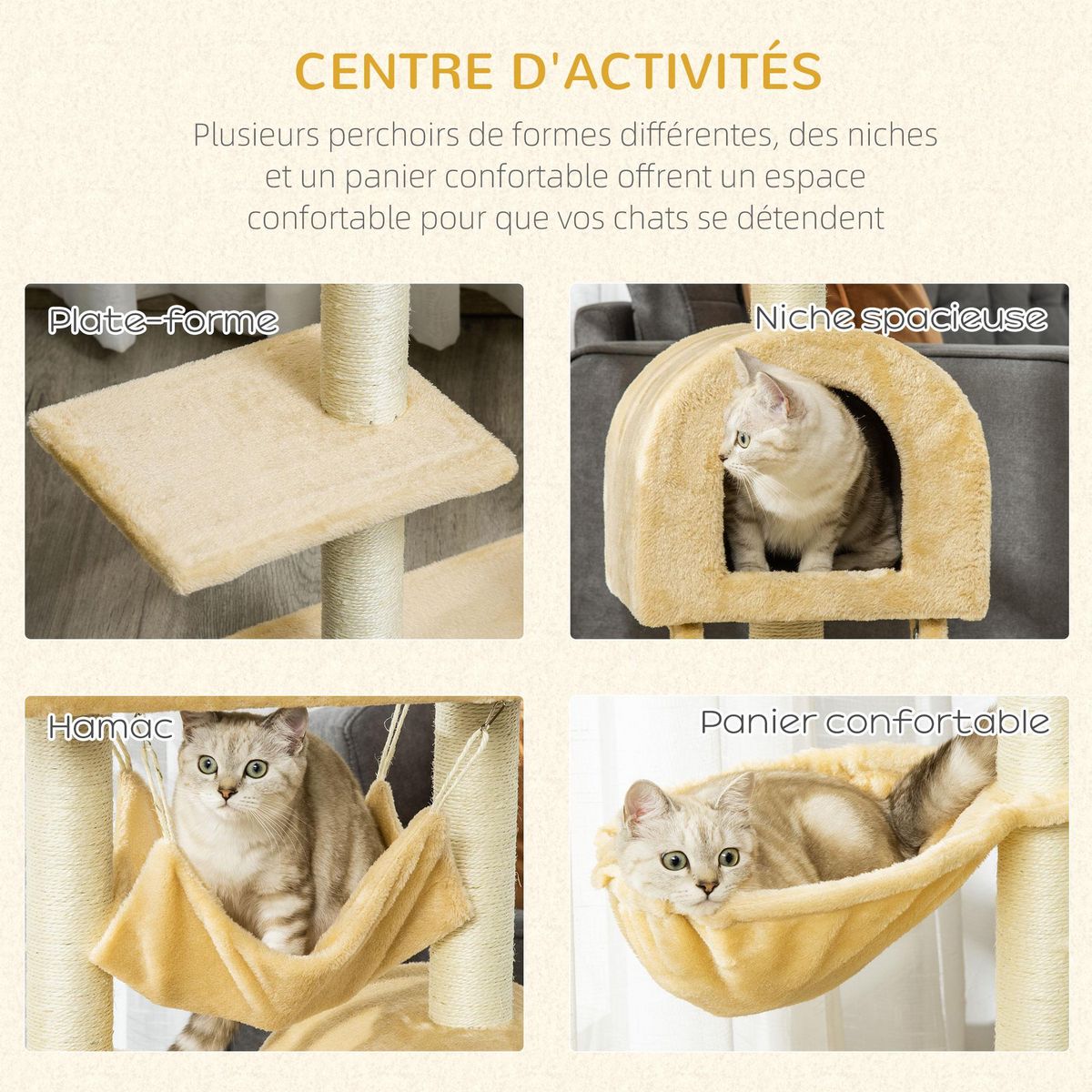 PAWHUT Arbre à chat griffoir arbre à grimper tour de jeu stable à plusieurs niveaux centre d'activités hauteur 98 cm beige