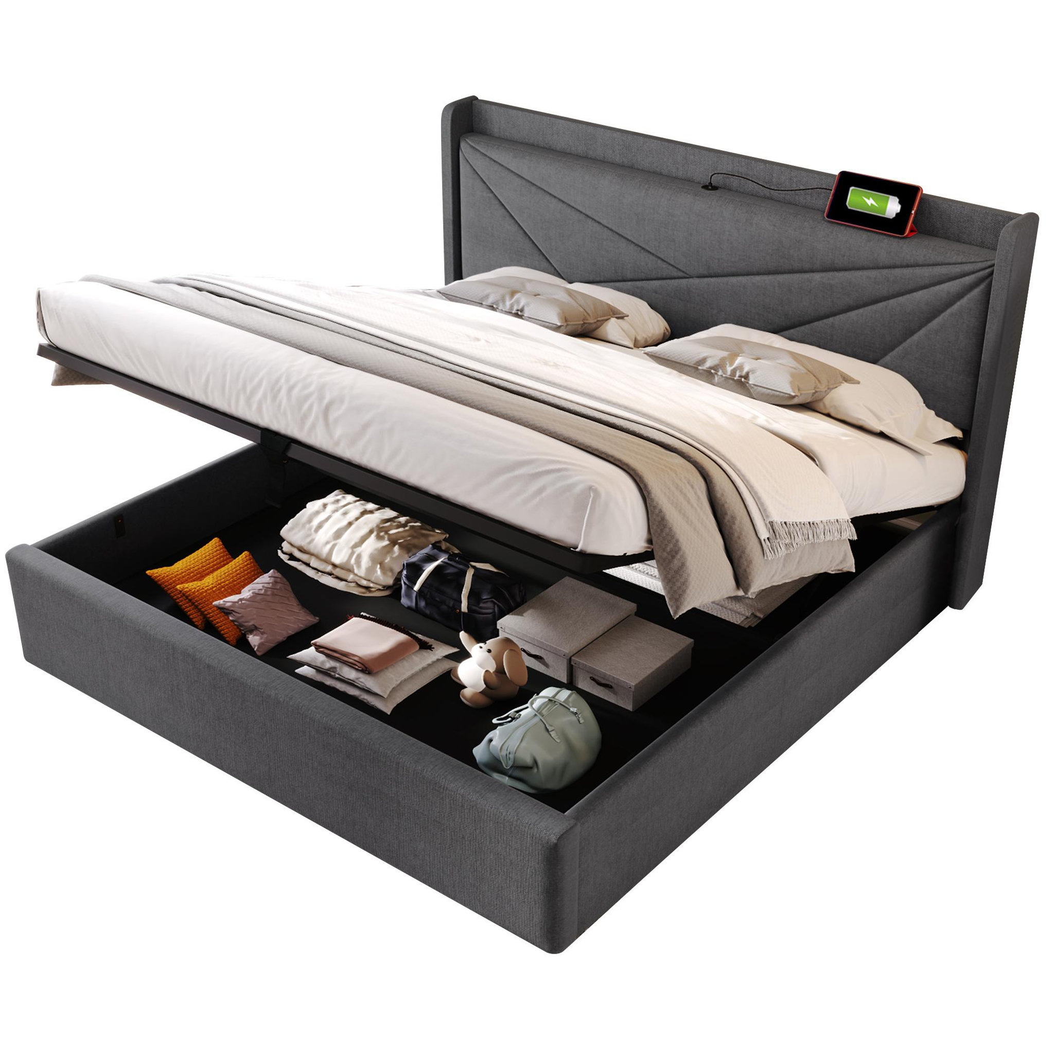 Voir la diapositive 1 : MERAX Lit coffre avec sommier et USB Lin