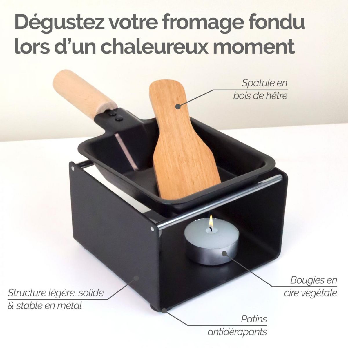 LINXOR Appareil à raclette à la bougie en métal, spatule et bougies incluses - 1 personne