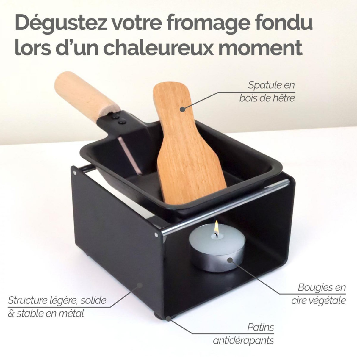 LINXOR Appareil à raclette à la bougie en métal, spatule et bougies incluses - 1 personne