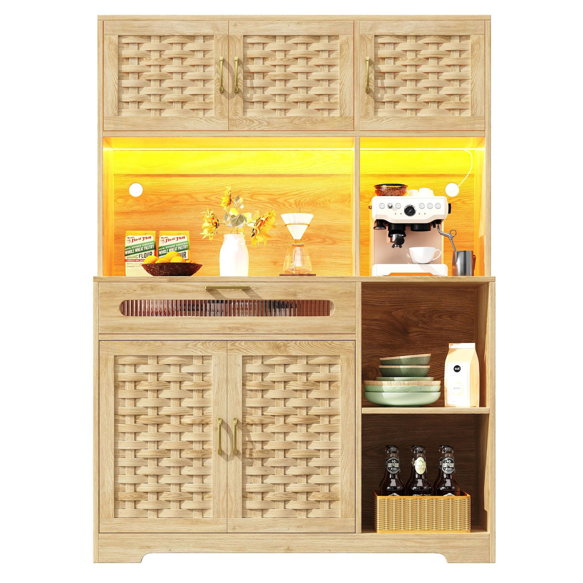 MERAX Buffet de cuisine 5 portes 1 tiroir - 120 cm naturel led mdf