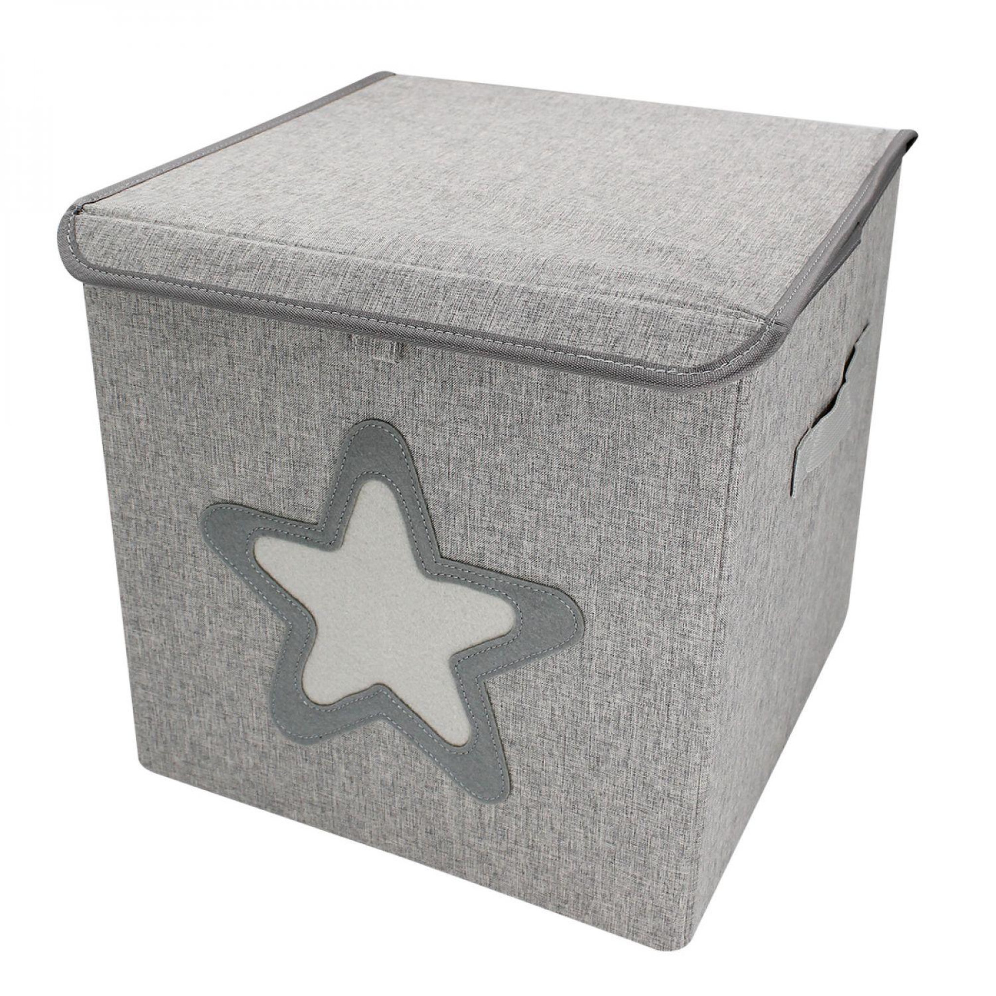 Monsieur Bébé Boite de rangement, coffre à jouets pour enfant avec couvercle - 33 x 33 x 33 cm - Gris Étoile
