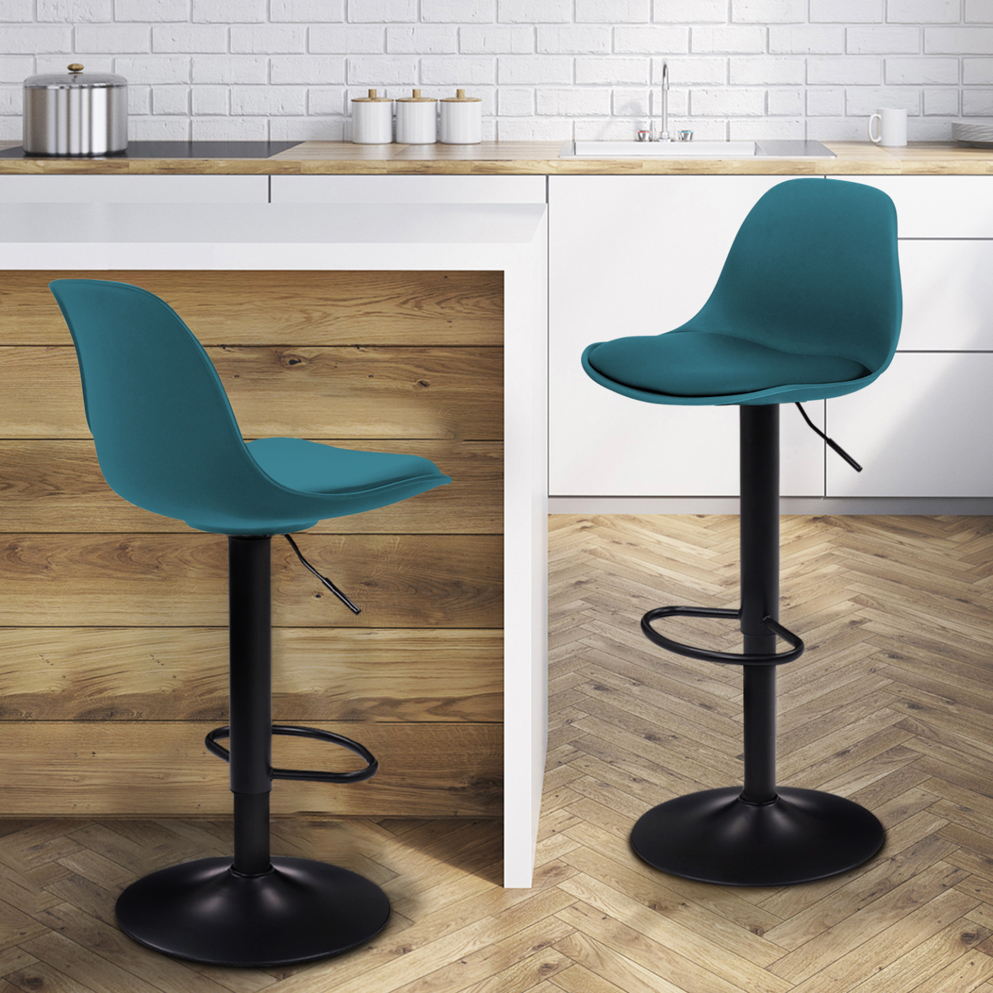Voir la diapositive 2 : ID MARKET Lot de 2 tabourets de bar karl design bleu canard pied noir