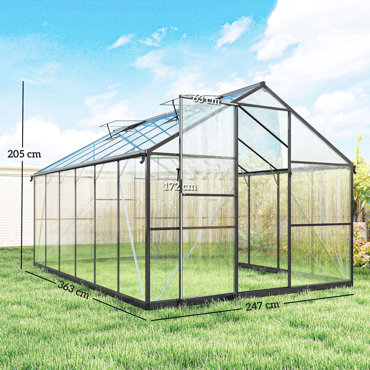 OUTSUNNY Serre de jardin 8,45 m² aluminium avec parois polycarbonate porte 2 lucarnes