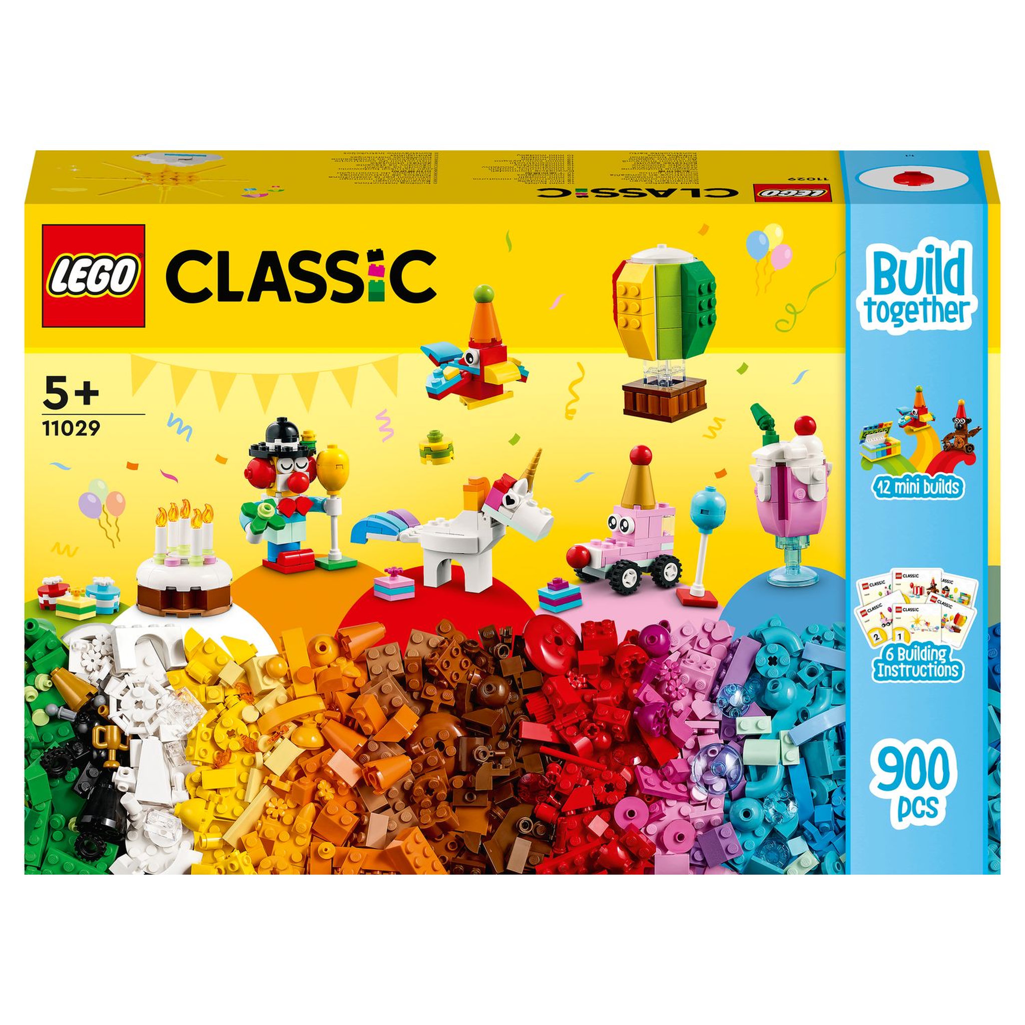 LEGO Classic 11029 - Boîte de fête créative, Ensemble de Briques, à Jouer en Famille, Comprend 12 Mini Jouets : Ourson, Clown, Licorne,