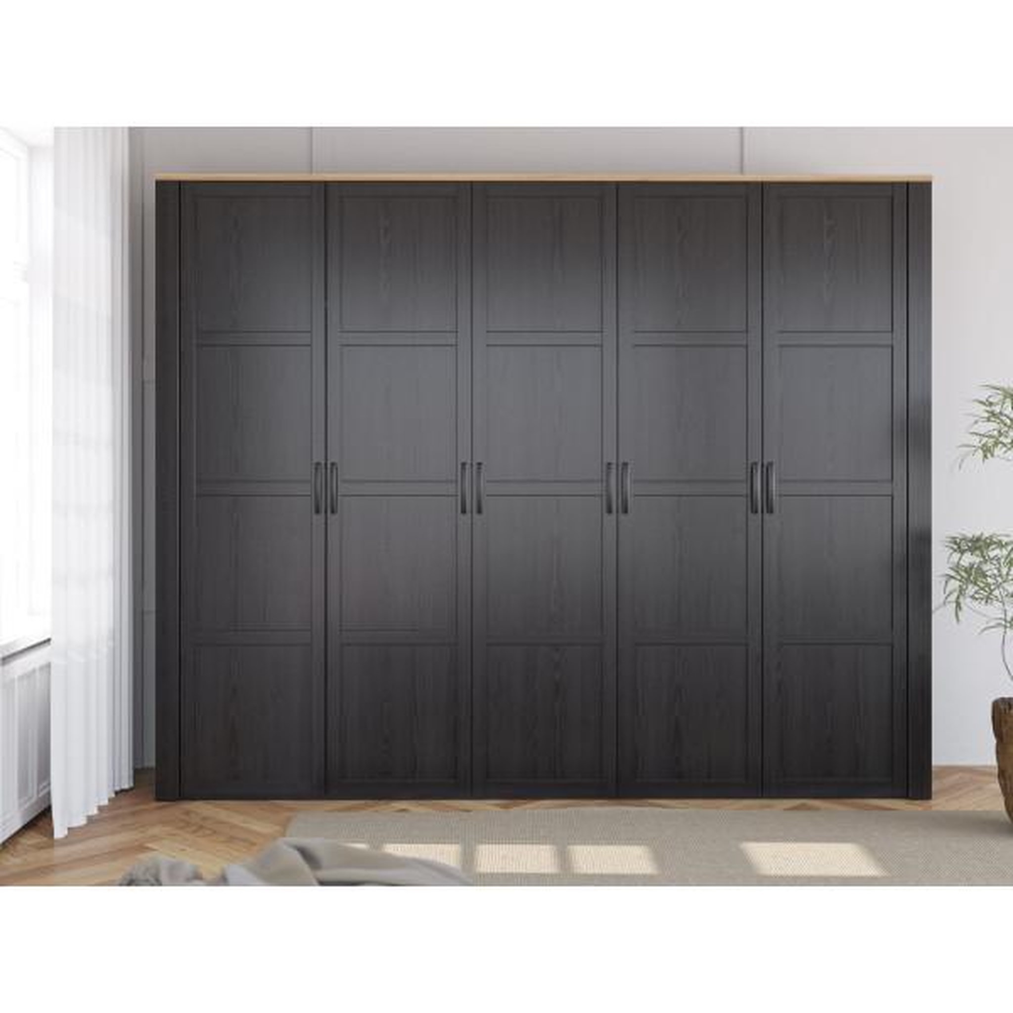 Voir la diapositive 3 : MARKET24 Armoire de chambre - BOHOL - Décor Chene et Noir - 5 portes battantes - L265,6 x P59,6 x H214 cm