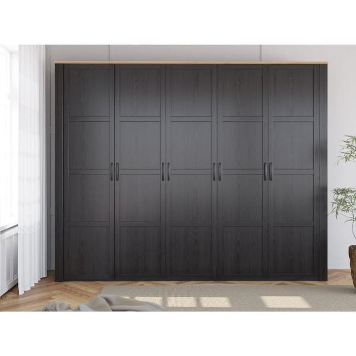 MARKET24 Armoire de chambre - BOHOL - Décor Chene et Noir - 5 portes battantes - L265,6 x P59,6 x H214 cm