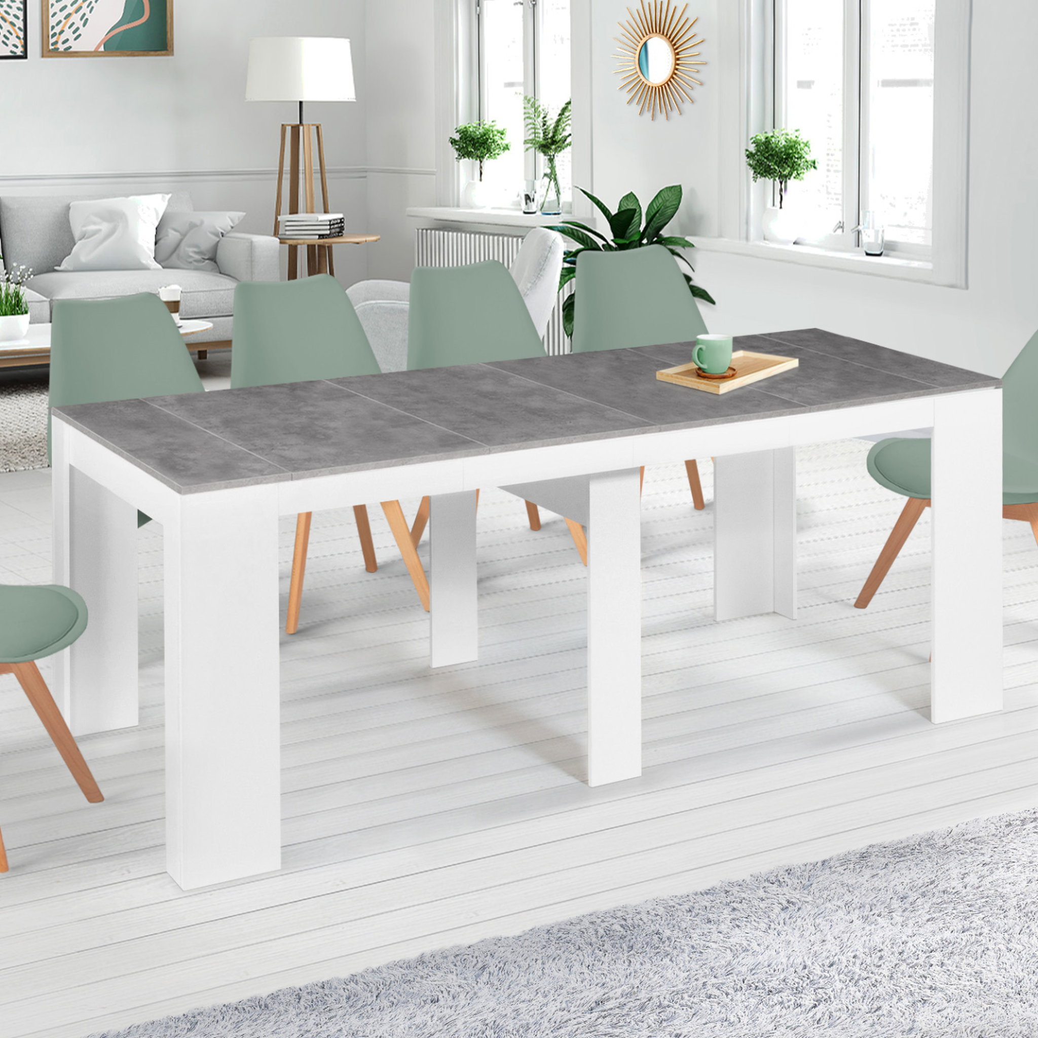 Voir la diapositive 2 : ID MARKET Table console extensible orlando 10 personnes 235 cm bois blanc et effet  béton