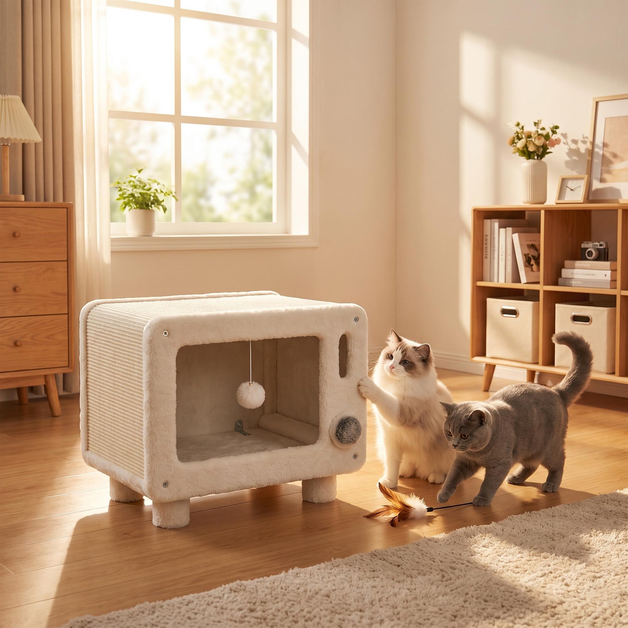 Voir la diapositive 2 : PAWHUT Grattoir niche chat 2 en 1 design télévision cosy 50 x 33 x 42 cm crème