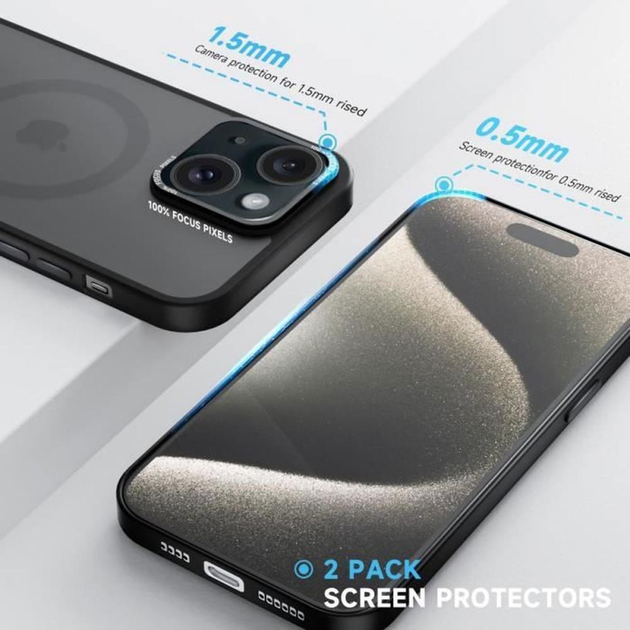 Voir la diapositive 4 : Coque iPhone 15 ultra mince bumper avec protection écran film, TPU soft touch et verre trempé, compatible MagSafe, finition anti traces, protection caméra, noir