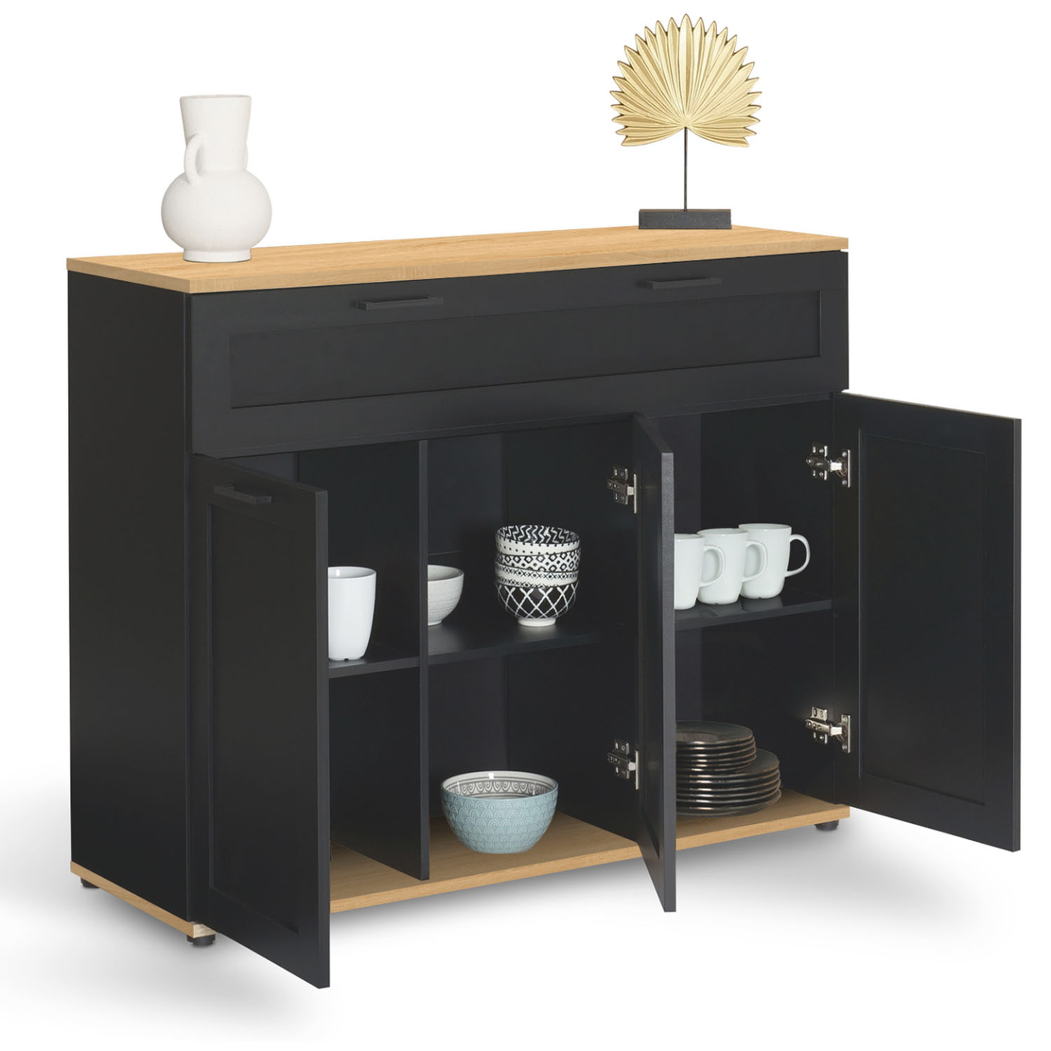 Voir la diapositive 4 : ID MARKET Buffet 100 cm vito 3 portes et 1 tiroir noir et plateau bois
