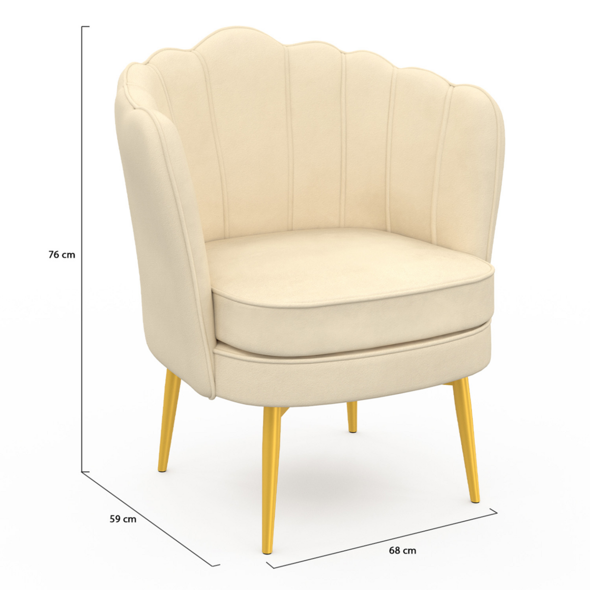 ID MARKET Fauteuil coquillage ADELLA crème en velours pieds dorés