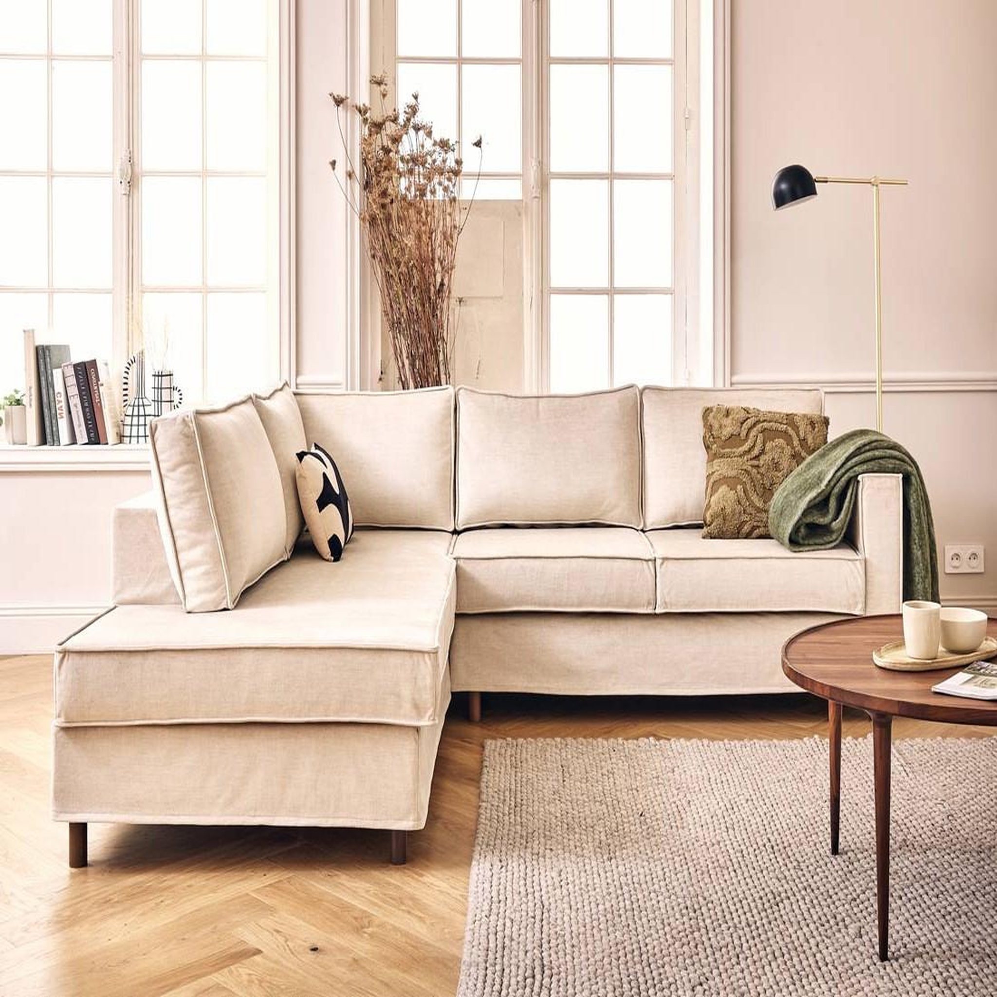LISA DESIGN Jake - canapé déhoussable d'angle gauche 5 places en velours. Coloris disponibles : Bicolore