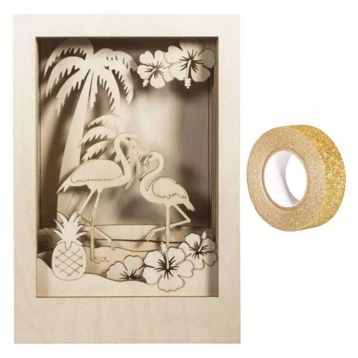 Rayher Cadre bois à motif 3D Flamant 20 x 30 cm + masking tape doré à paillettes 5 m