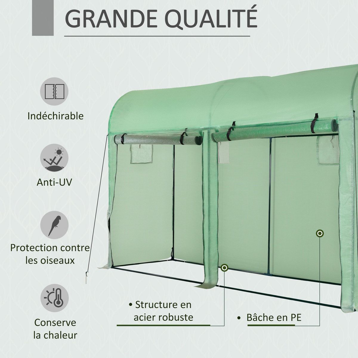 OUTSUNNY Serre de Jardin serre à tomates dim. 3L x 1l x 2H m 2 portes zippées déroulantes 4 fenêtres enroulables acier PE haute densité 140 g/m² anti-UV vert