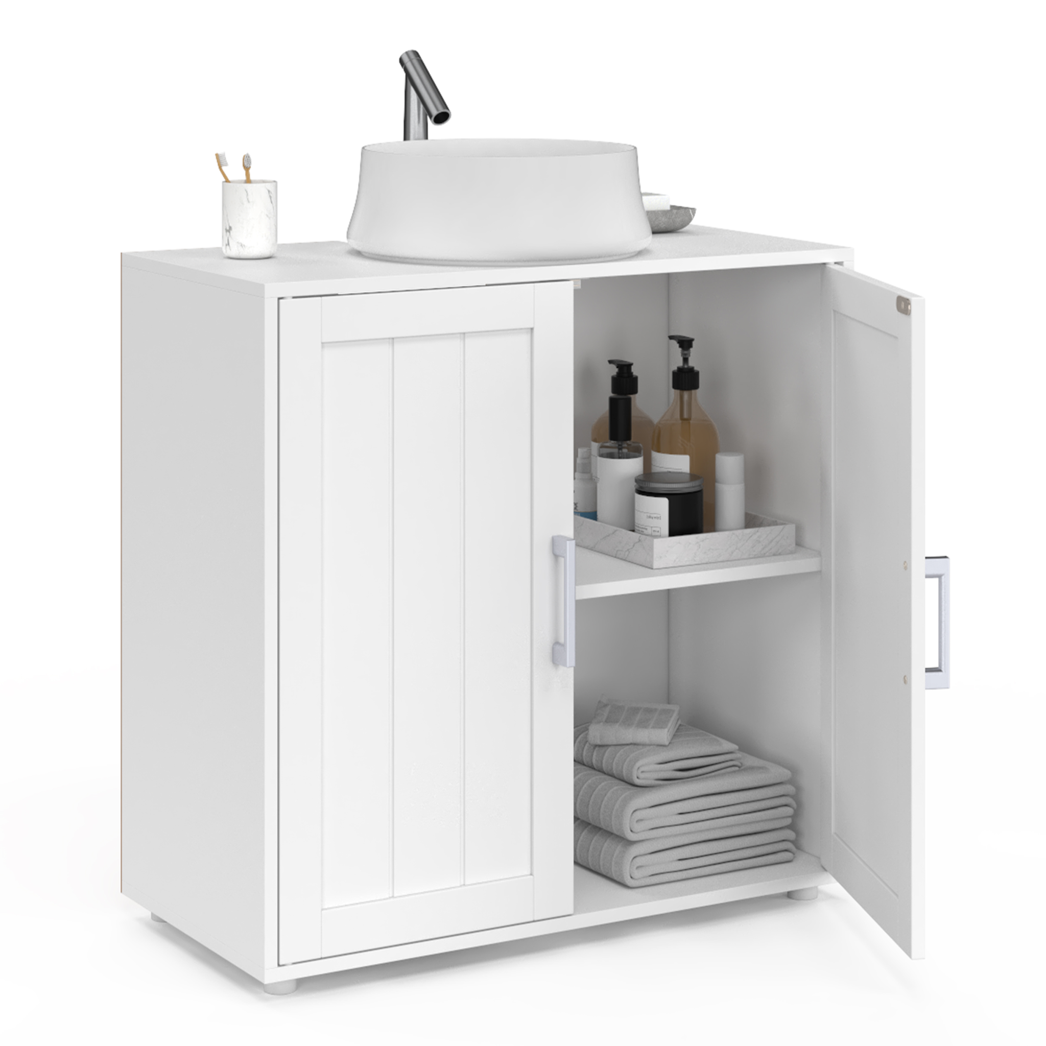 Voir la diapositive 4 : ID MARKET Meuble sous lavabo salle de bain waldo bois blanc