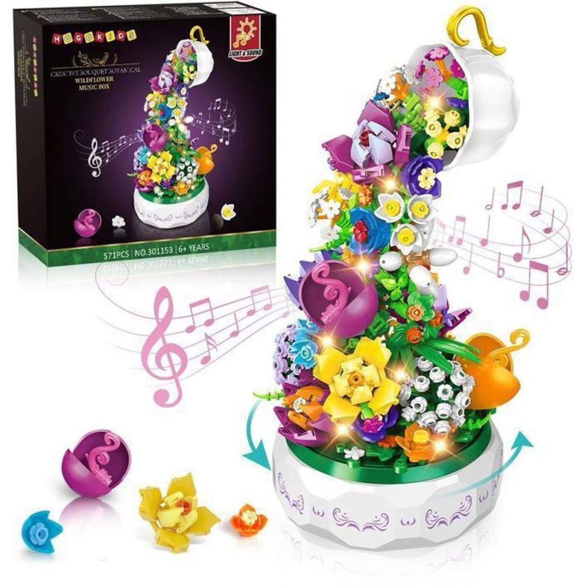Coffret boîte à musique à assembler bouquet botanique LED 571 pièces fleurs multicolores