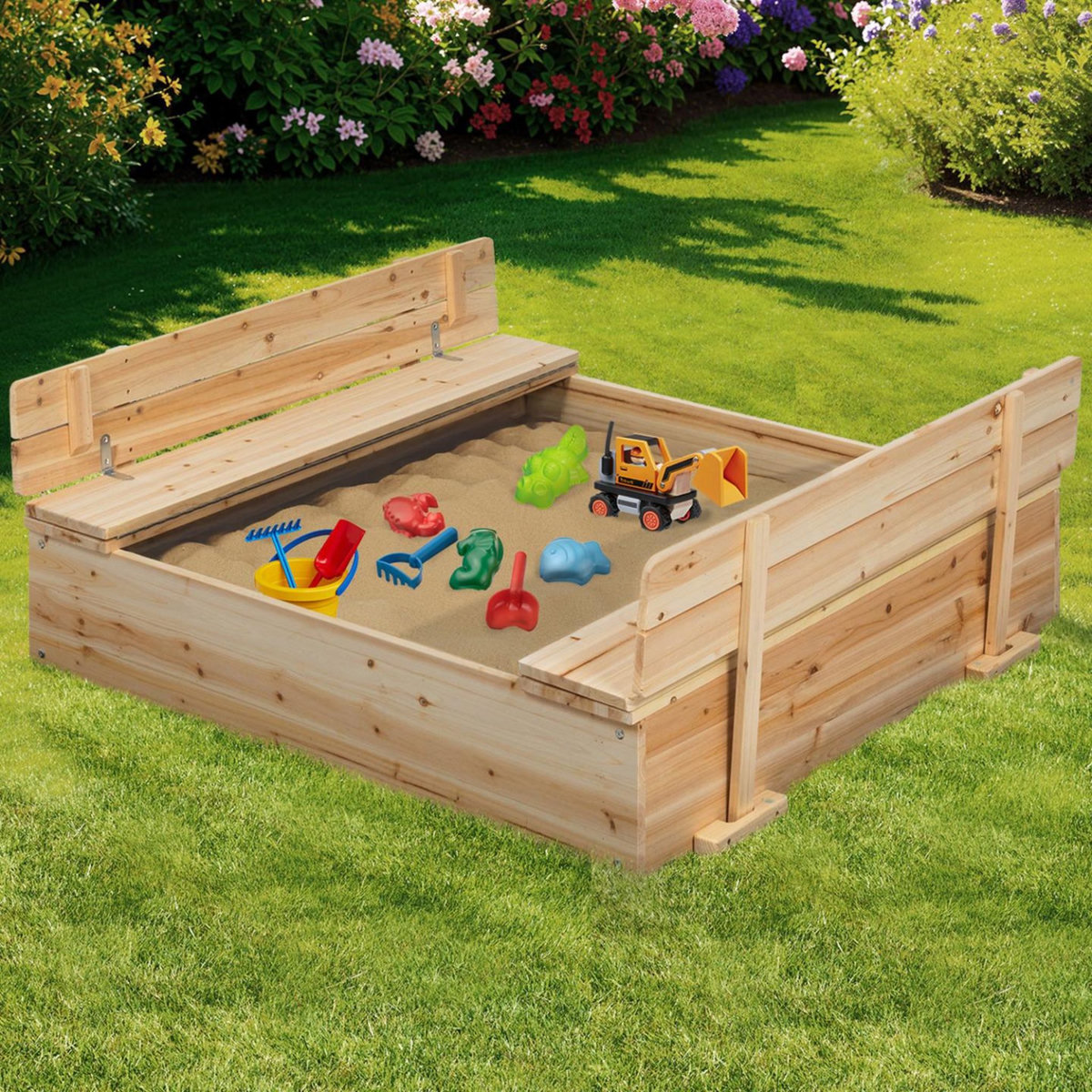 ID MARKET Bac à sable FUNNY bois refermable avec 2 bancs et bâches de protection