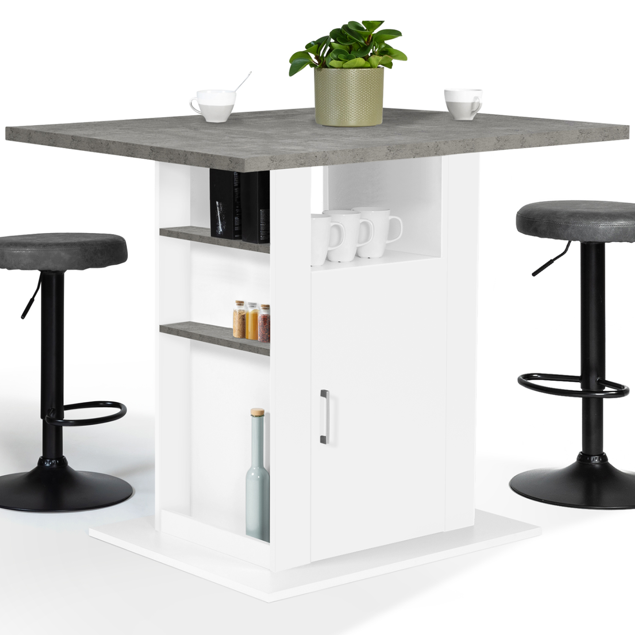 ID MARKET Ilot central ugo 110 cm plateau effet béton et blanc avec rangements