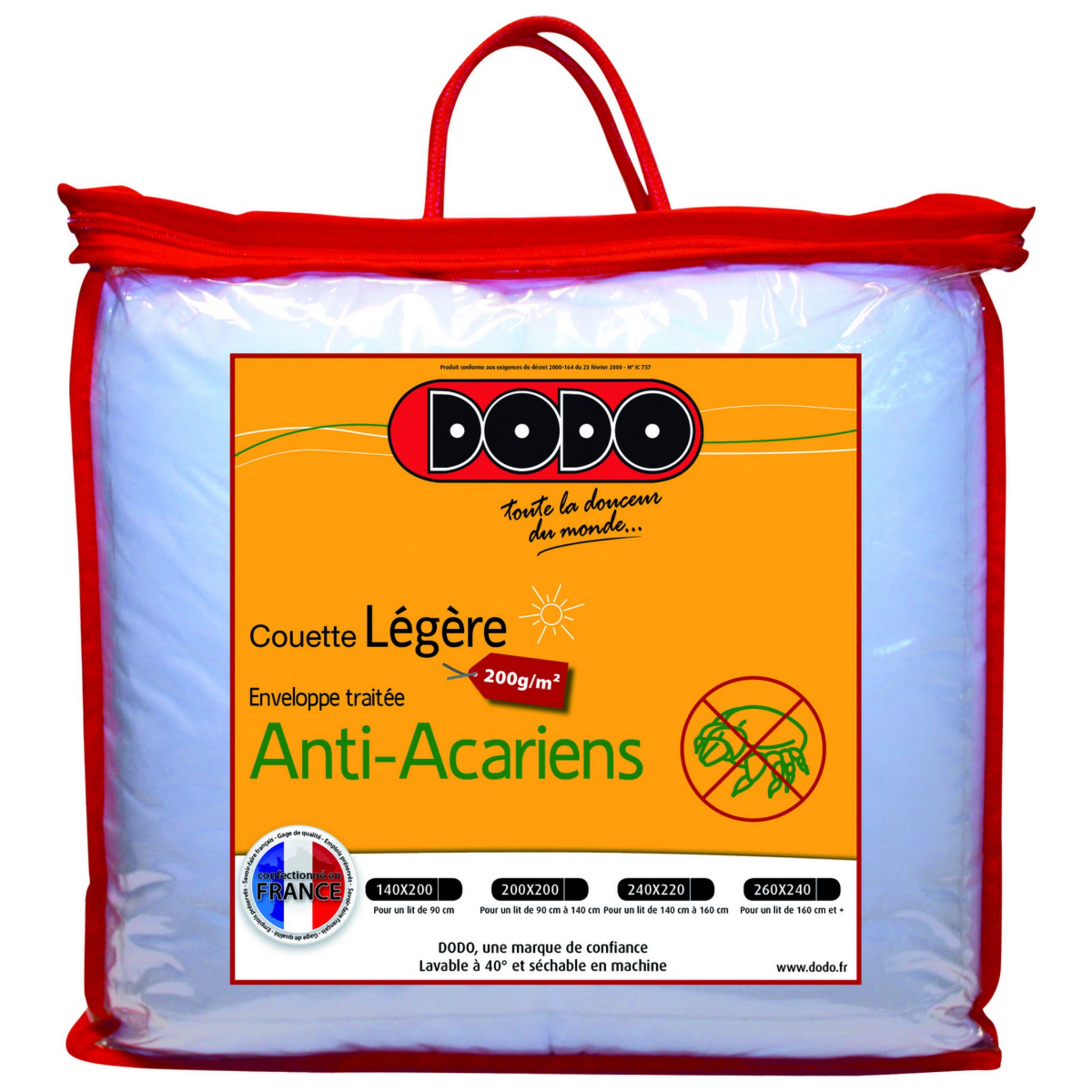 Couette Extra Légère DODO 220x240 Anti-Acariens - Pour Lit 2 Personnes - Lavable Machine - Fabriquée En France