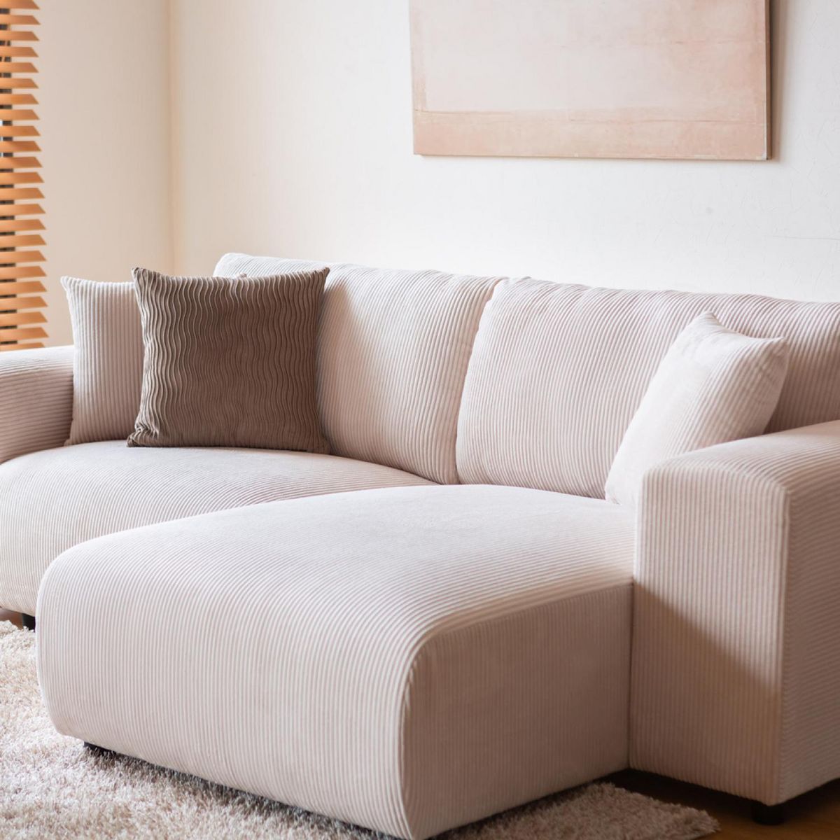 CONCEPT USINE Canapé d'angle modulable 3 places en velours côtelé beige ABERDEEN