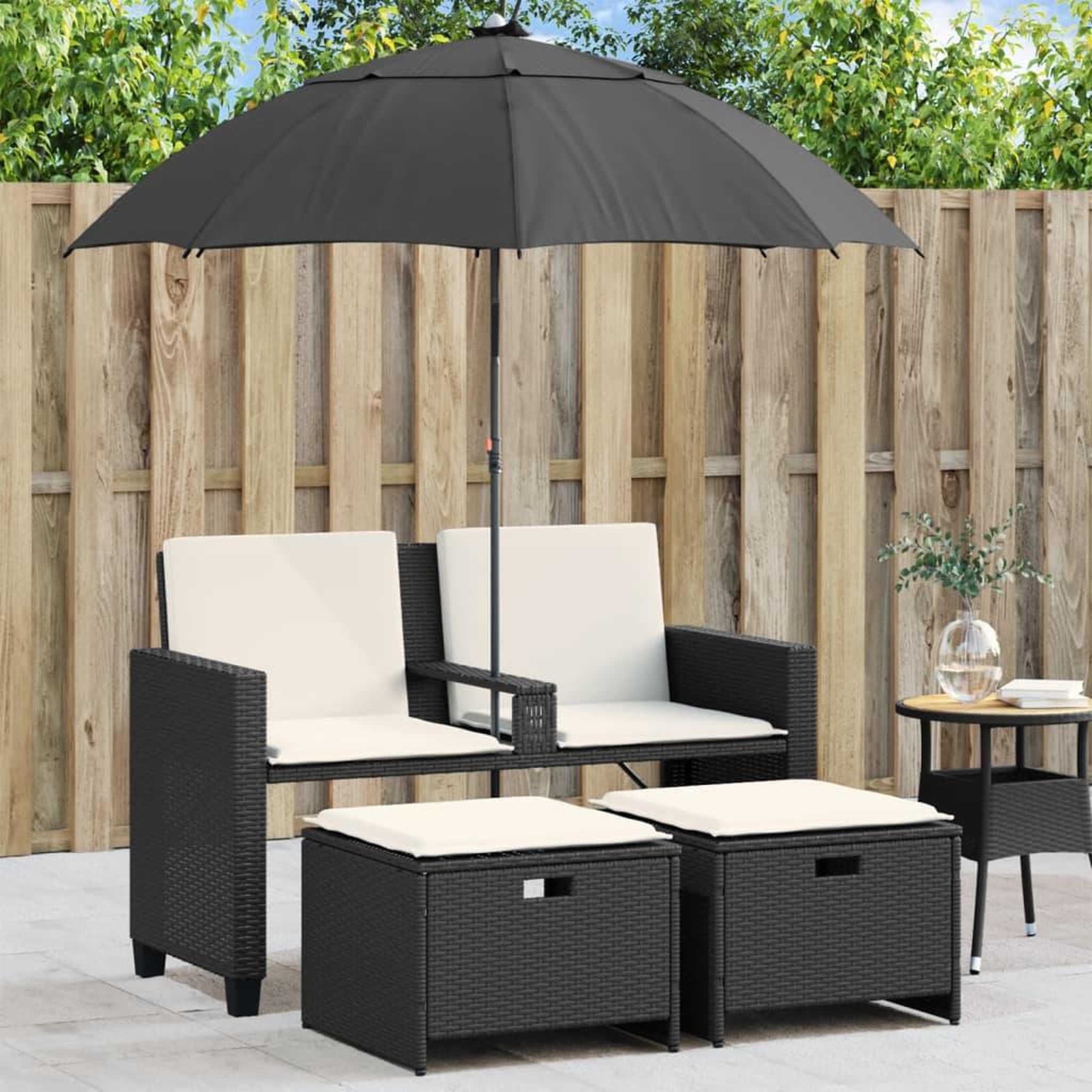 VIDAXL Canape de jardin 2 places avec parasol et tabourets noir rotin