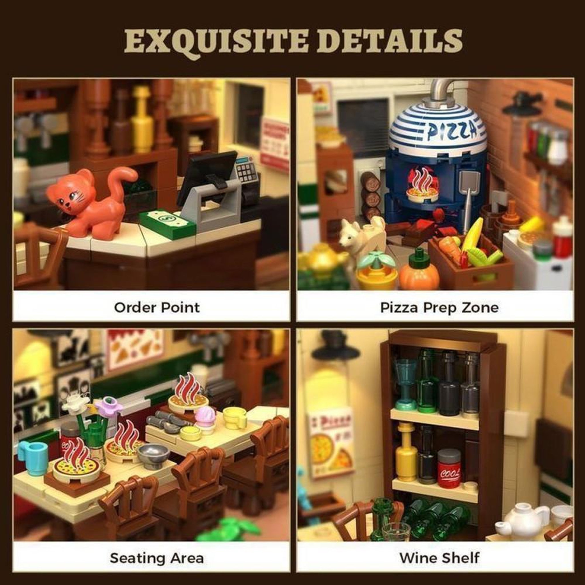 Voir la diapositive 3 : Set de construction CD Pizzeria Italienne avec LED intégrées, 1 098 pièces, design ouvert 3 côtés et camion pizza rétro