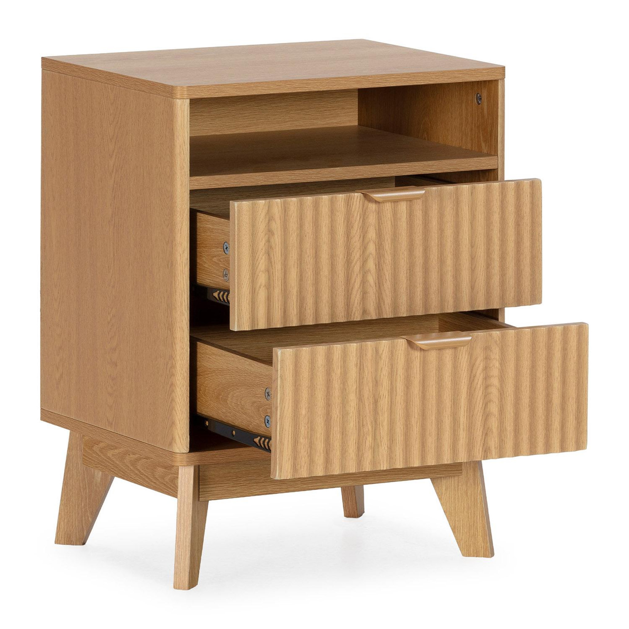 Voir la diapositive 3 : VS VENTA-STOCK Table chevet Oporto 2 tiroirs 1 étagère effet Chêne