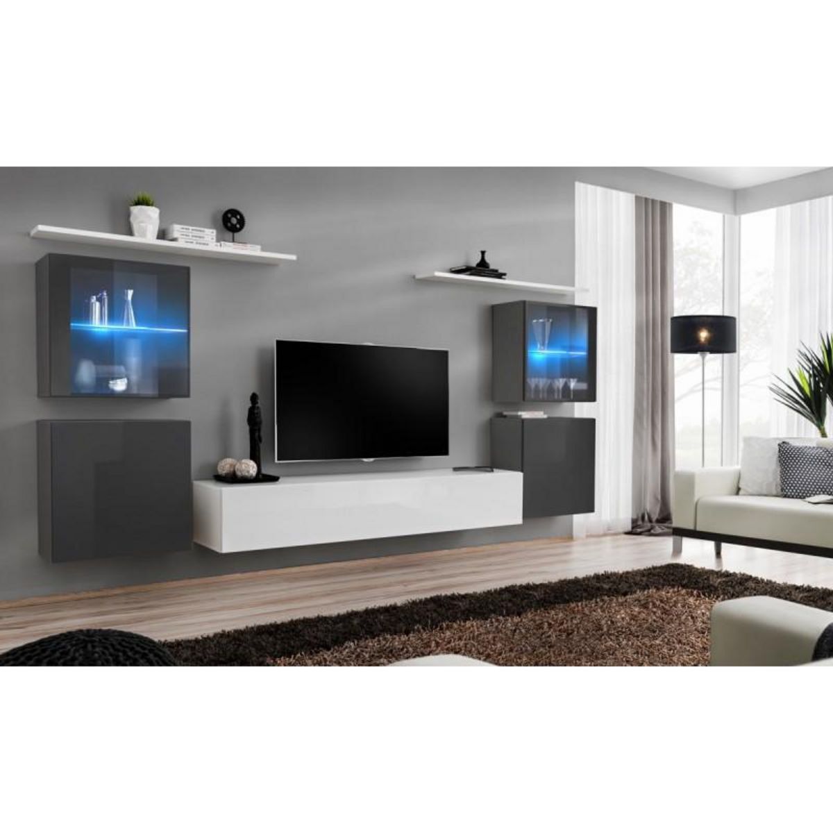 Paris Prix Meuble TV Mural Design  Switch XIV  320cm Gris & Blanc