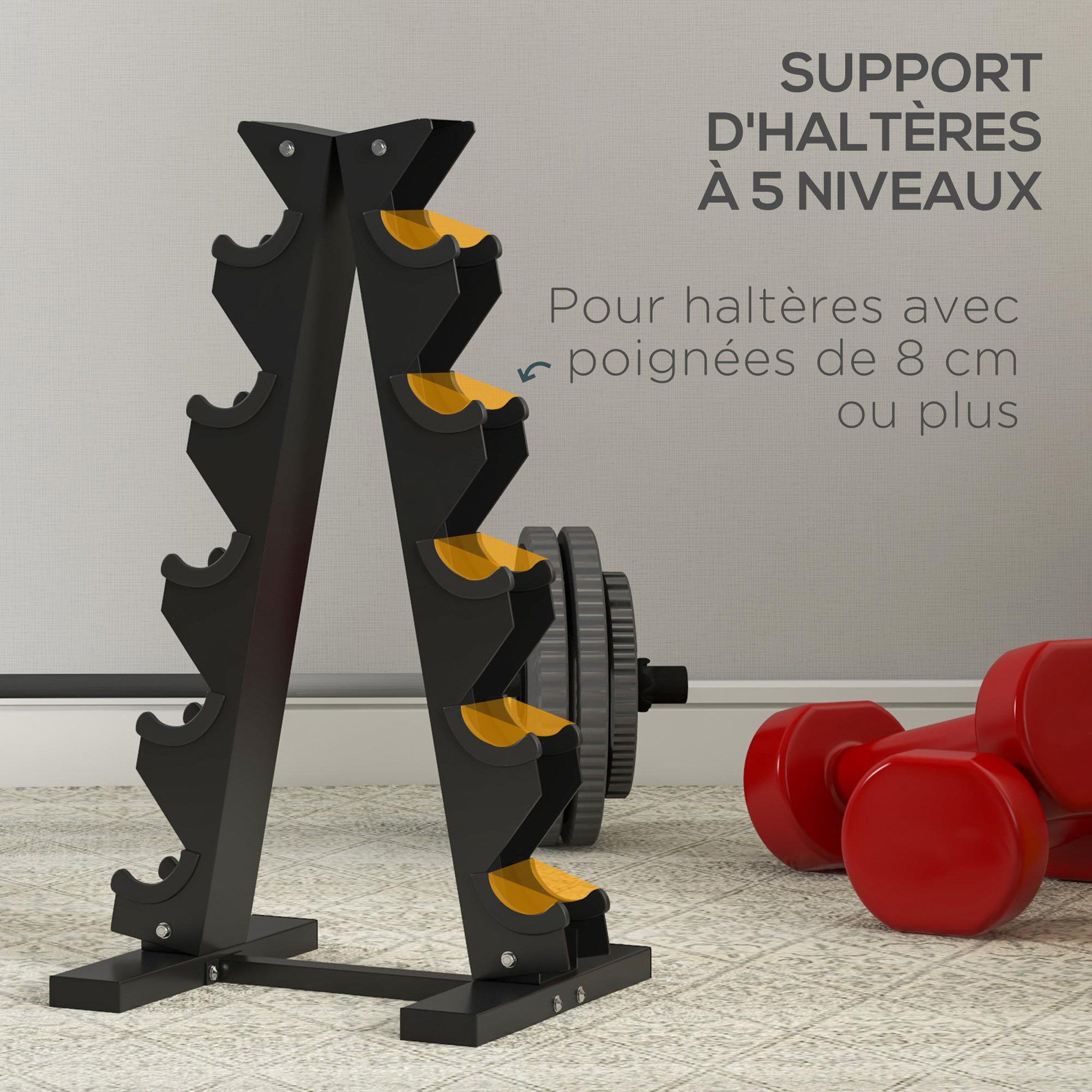 Voir la diapositive 4 : HOMCOM Support d'haltères à 5 niveaux - support de stockage d'haltères - charge max. 100 Kg - acier noir