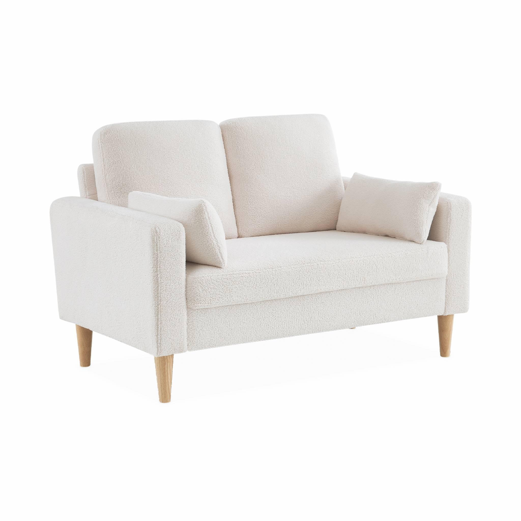 Voir la diapositive 1 : SWEEEK Canapé à bouclettes blanc cassé - Bjorn - Canapé 2 places fixe droit pieds bois. style scandinave