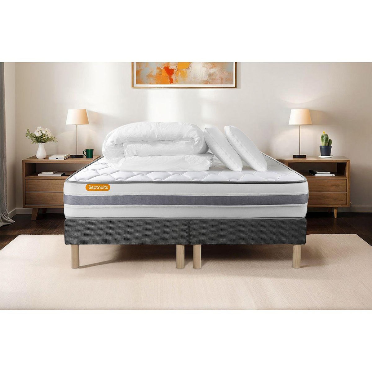 SEPTNUITS Pack matelas + double sommiers gris Memo Spring Ressorts ensachés 3 zones MAXI épaisseur + Couette + 2 oreillers