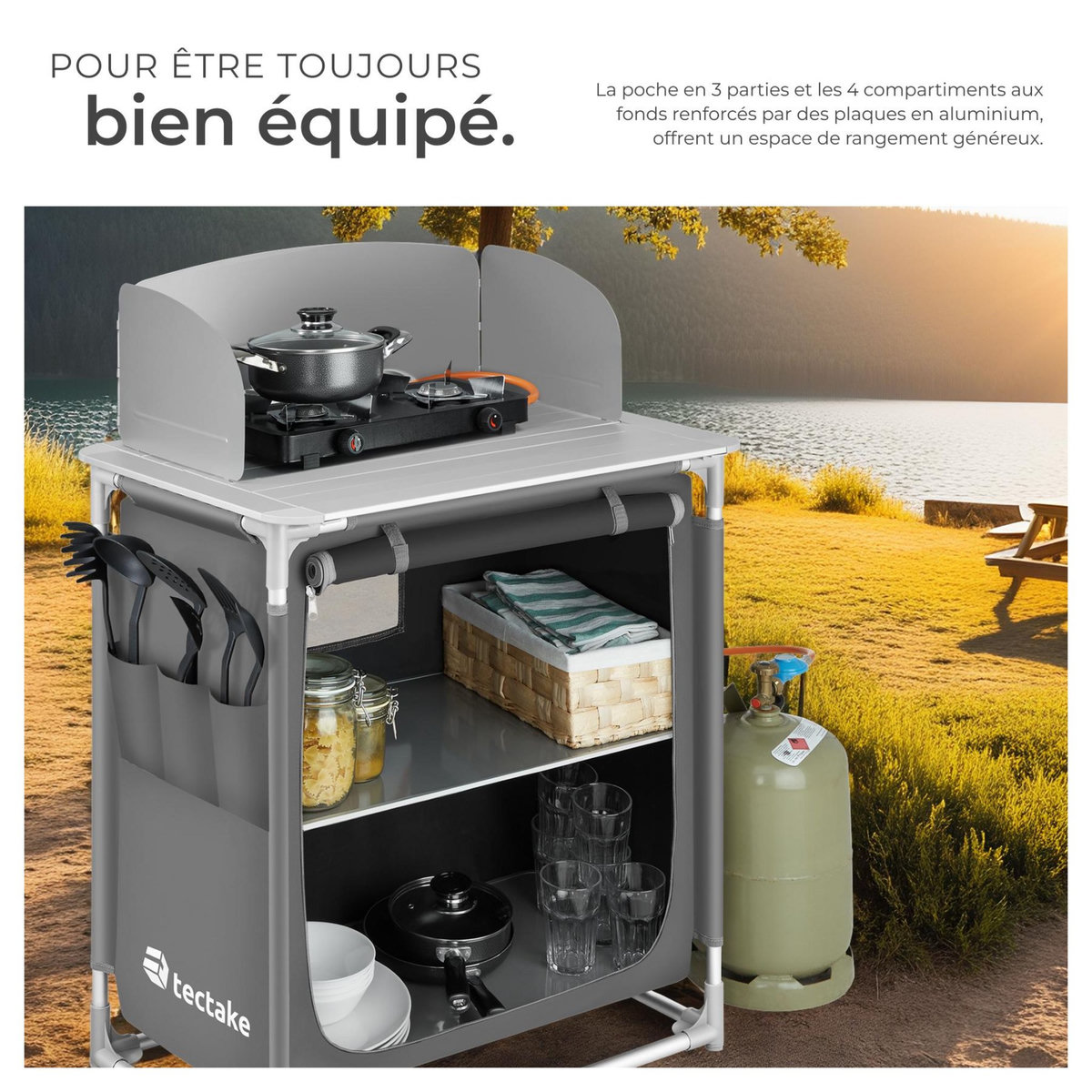 tectake Cuisine de camping premium avec 2 compartiments pliable gris