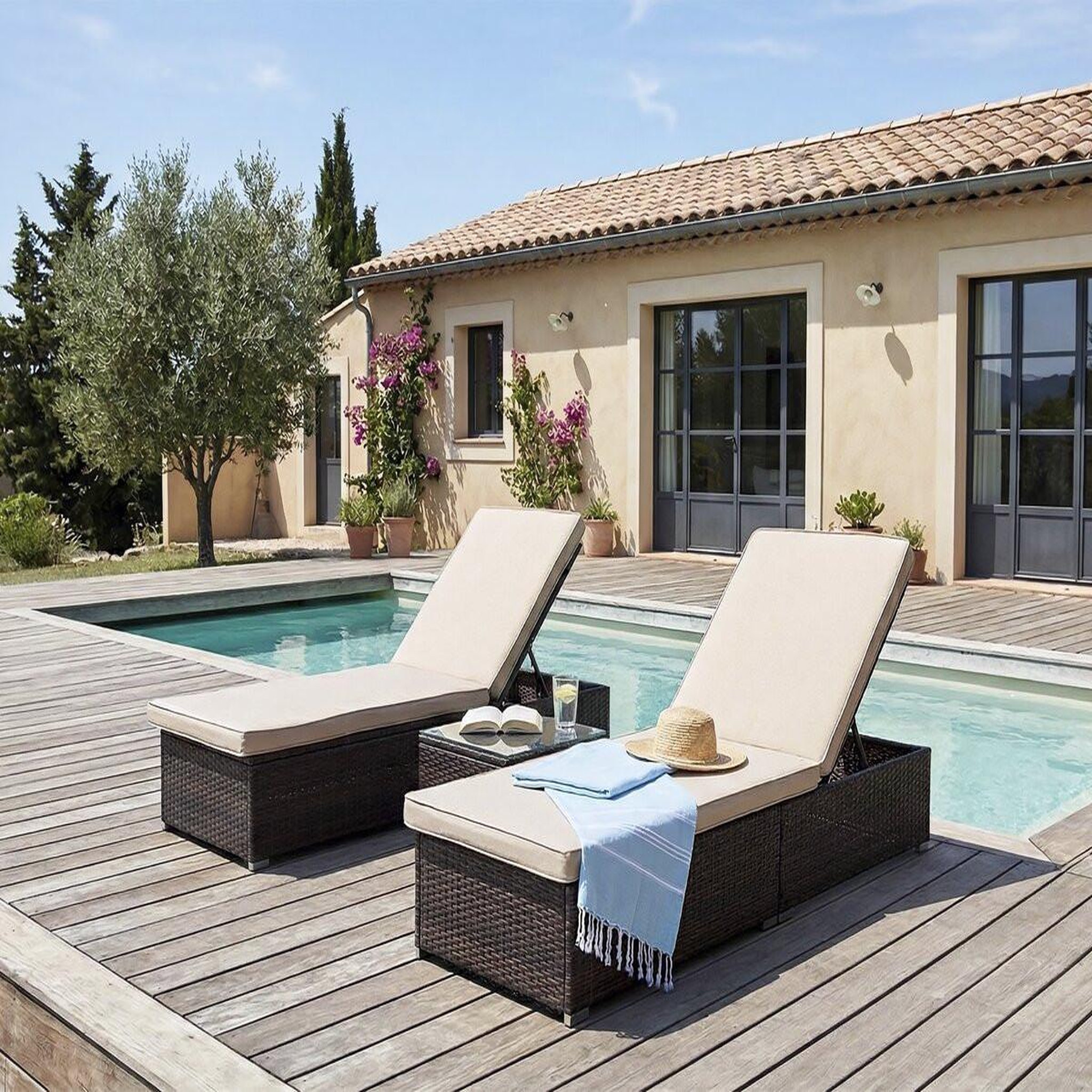 Voir la diapositive 2 : Habitat et Jardin Lot de 2 bains de soleil en résine tressée avec coussins et table basse  alice  - marron