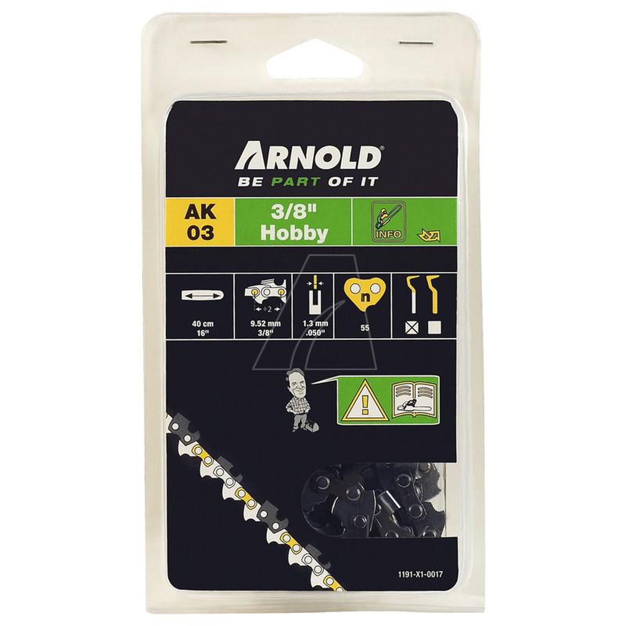 ARNOLD Chaîne de tronçonneuse 3/8 ,1,3 mm - 55 maillons d'entraineurs - gouges demi-rondes