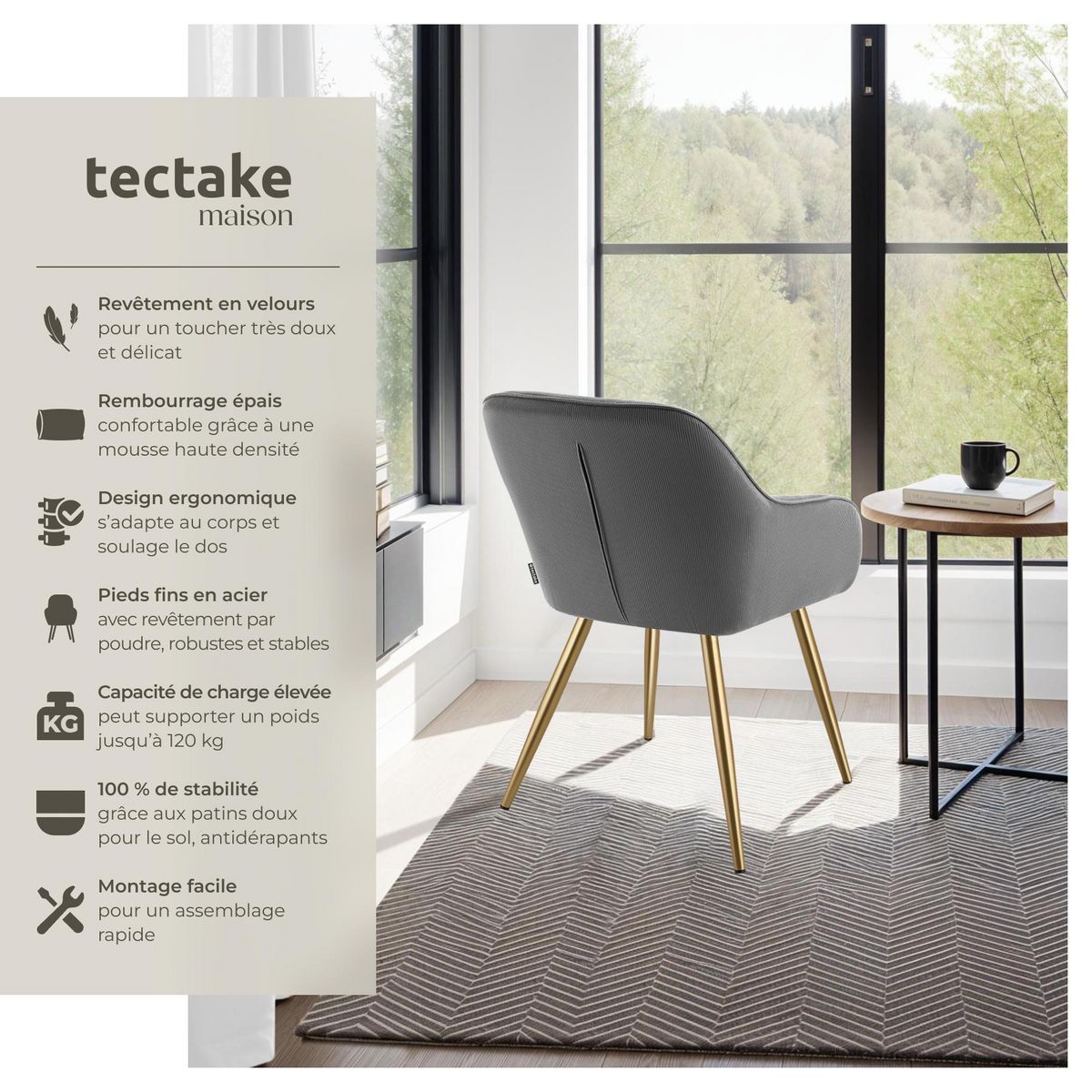 tectake Chaise de salle à manger rembourrée en velours côtelé gris/jaune or Lot de 2