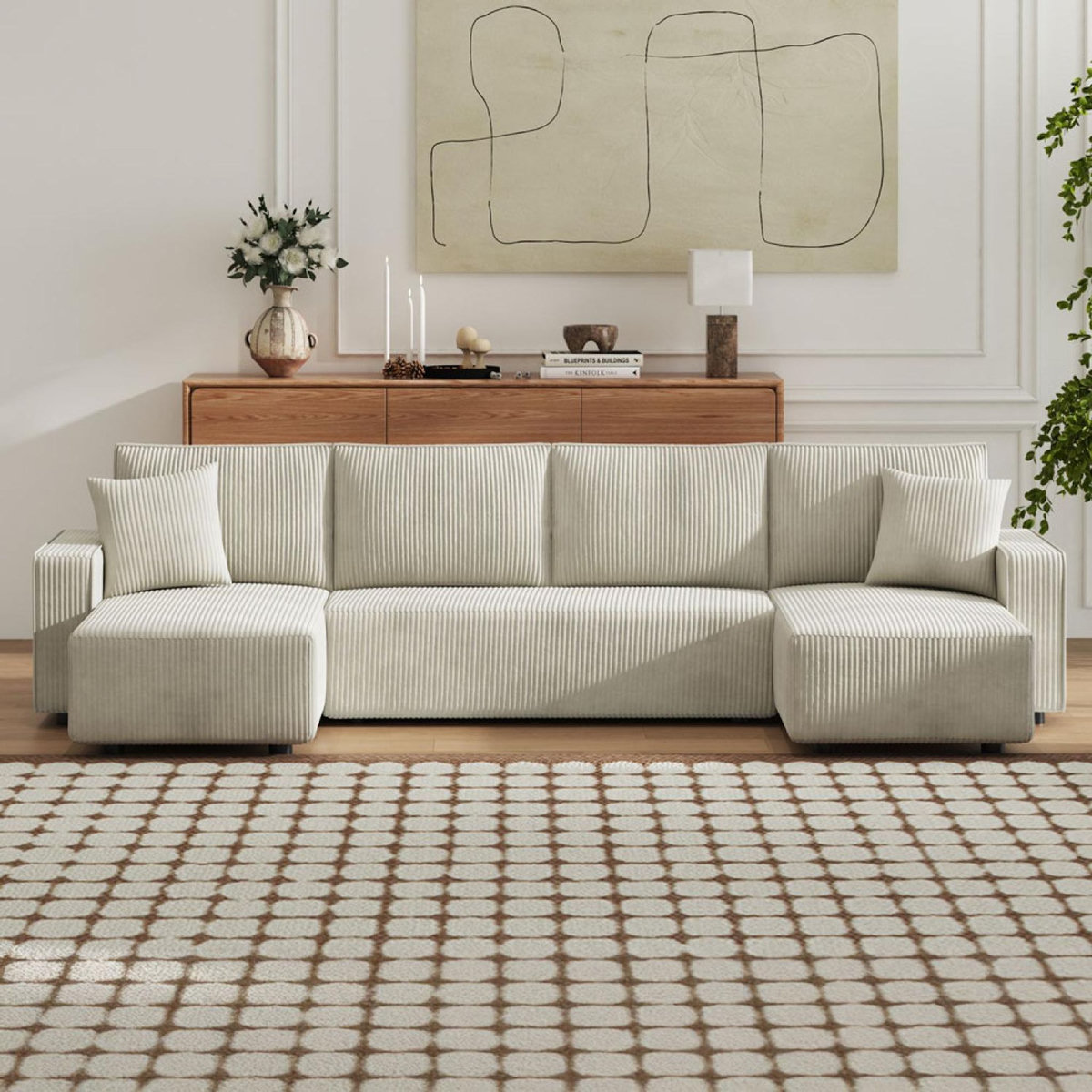 CONCEPT USINE Canapé panoramique convertible 6 places avec coffre en velours côtelé beige SALISBURY
